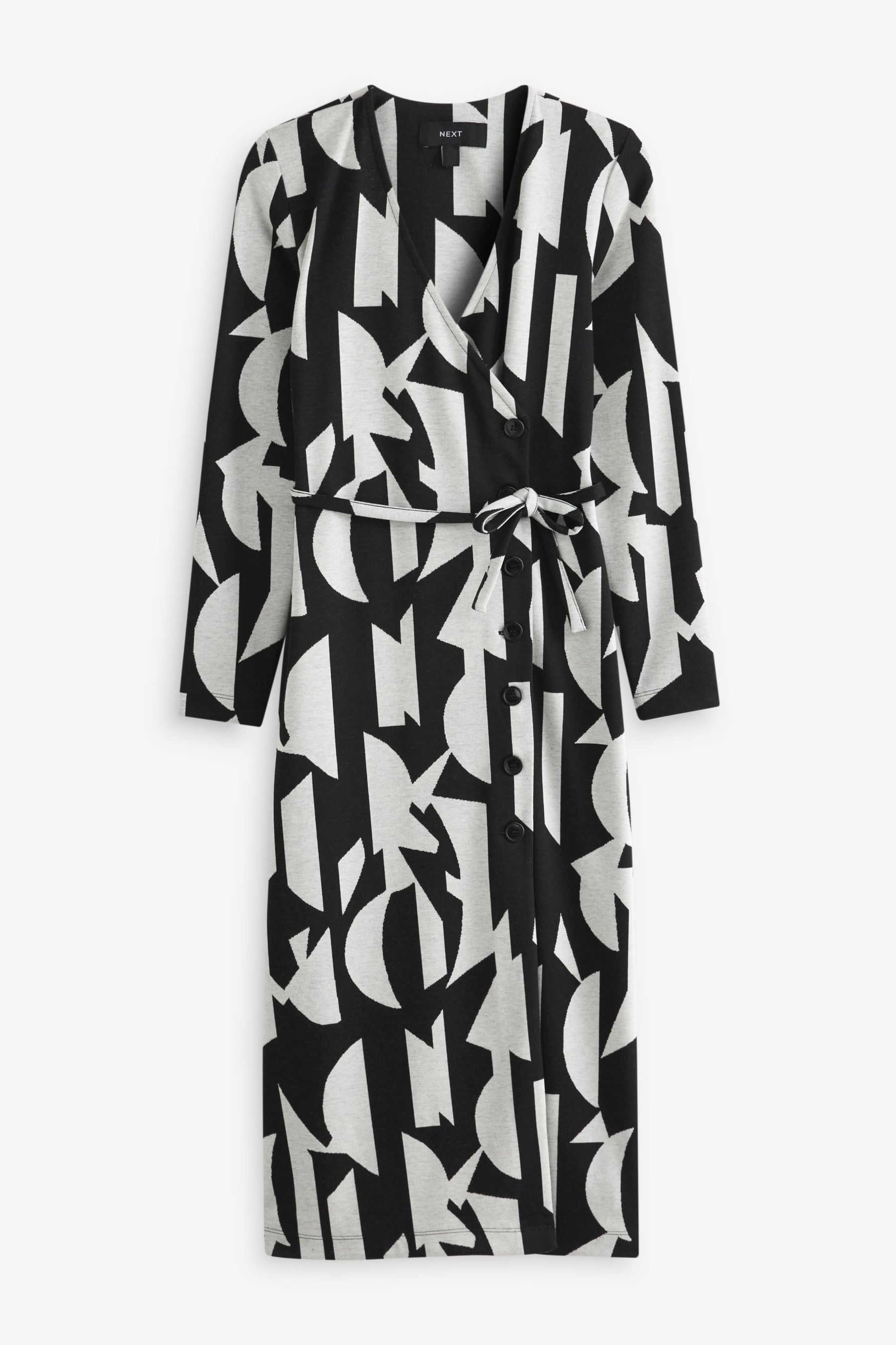 Buy Black White Geo Long Sleeve Wrap Button Midi Dress from Next Luxembourg