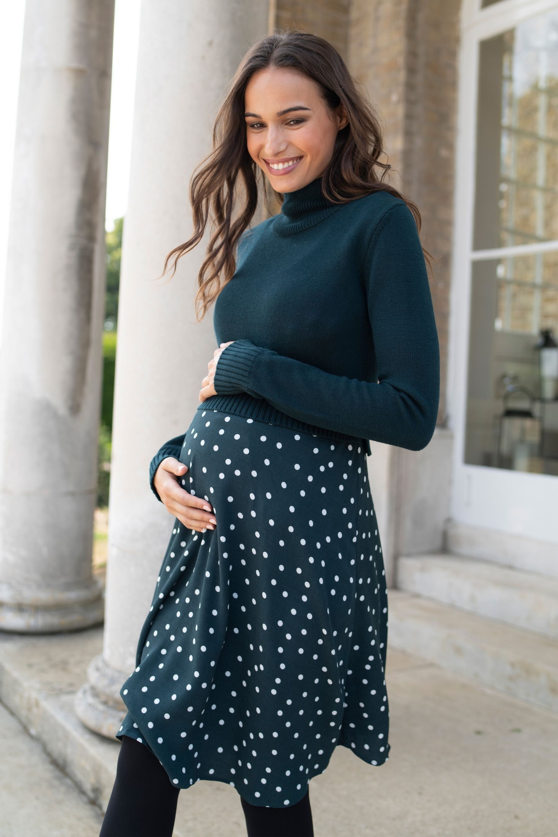 Seraphine Green Knit Topper Maternity Dress with Spot Skirt - Image 1 of 5