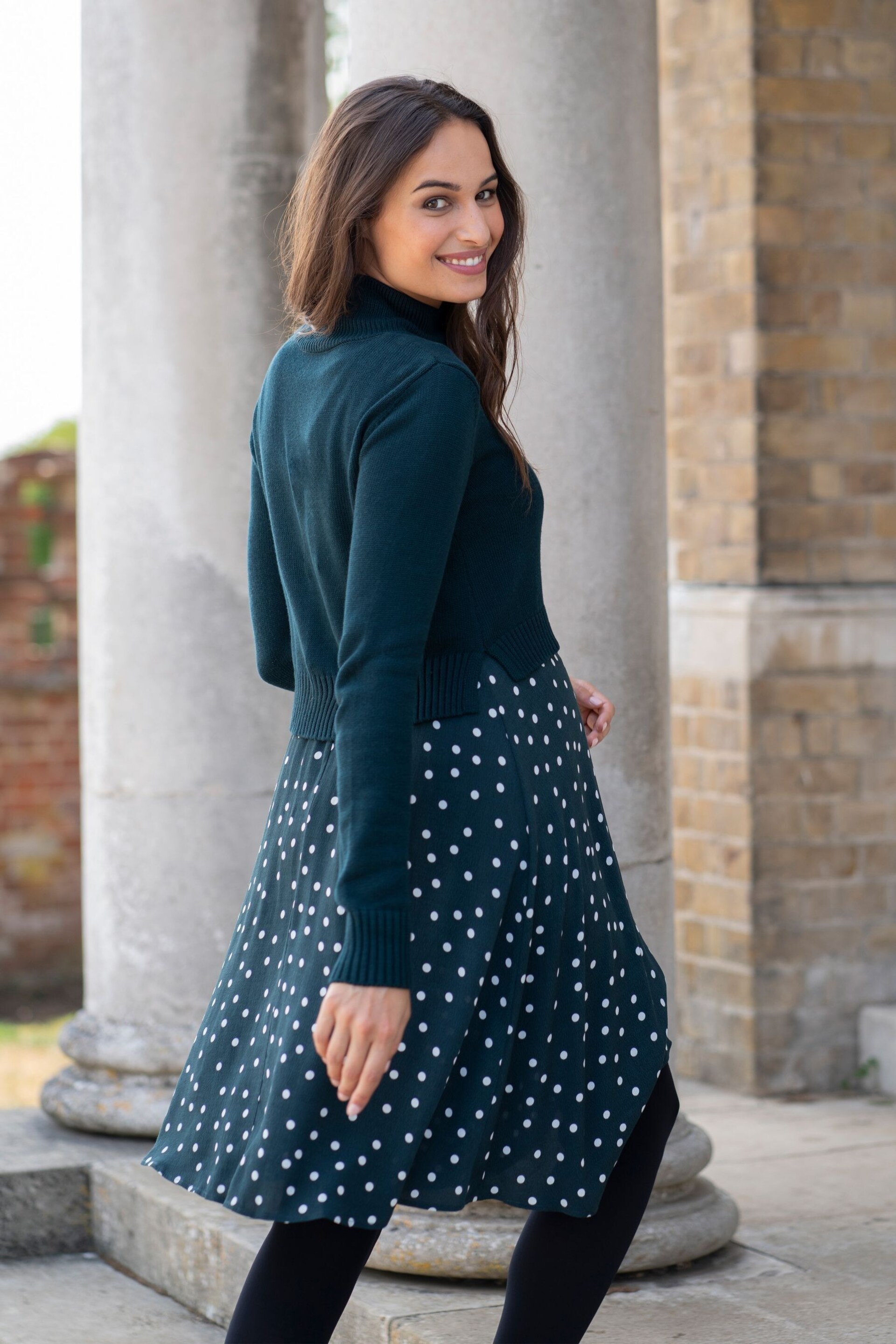 Seraphine Green Knit Topper Maternity Dress with Spot Skirt - Image 2 of 5