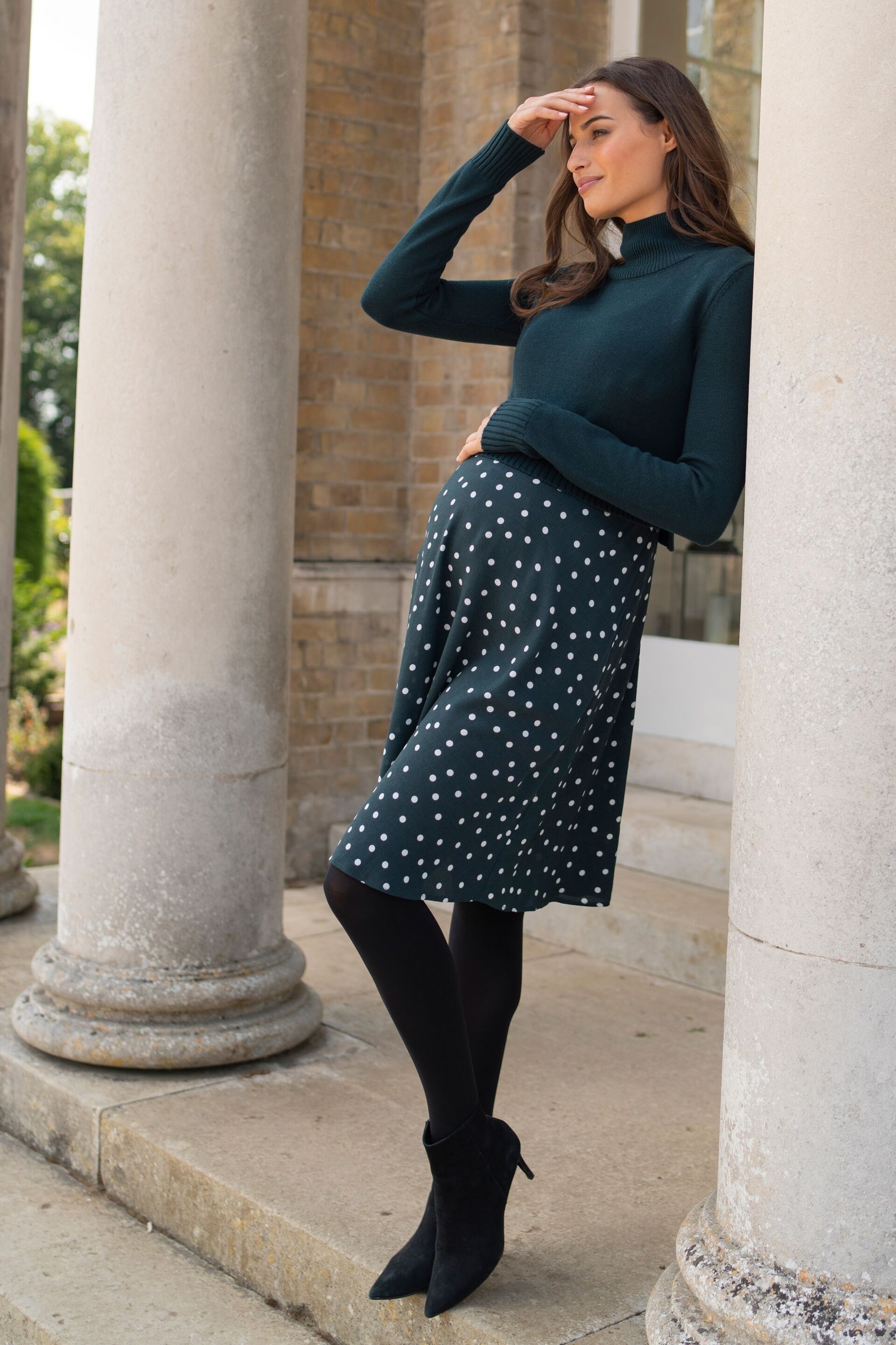 Seraphine Green Knit Topper Maternity Dress with Spot Skirt - Image 4 of 5