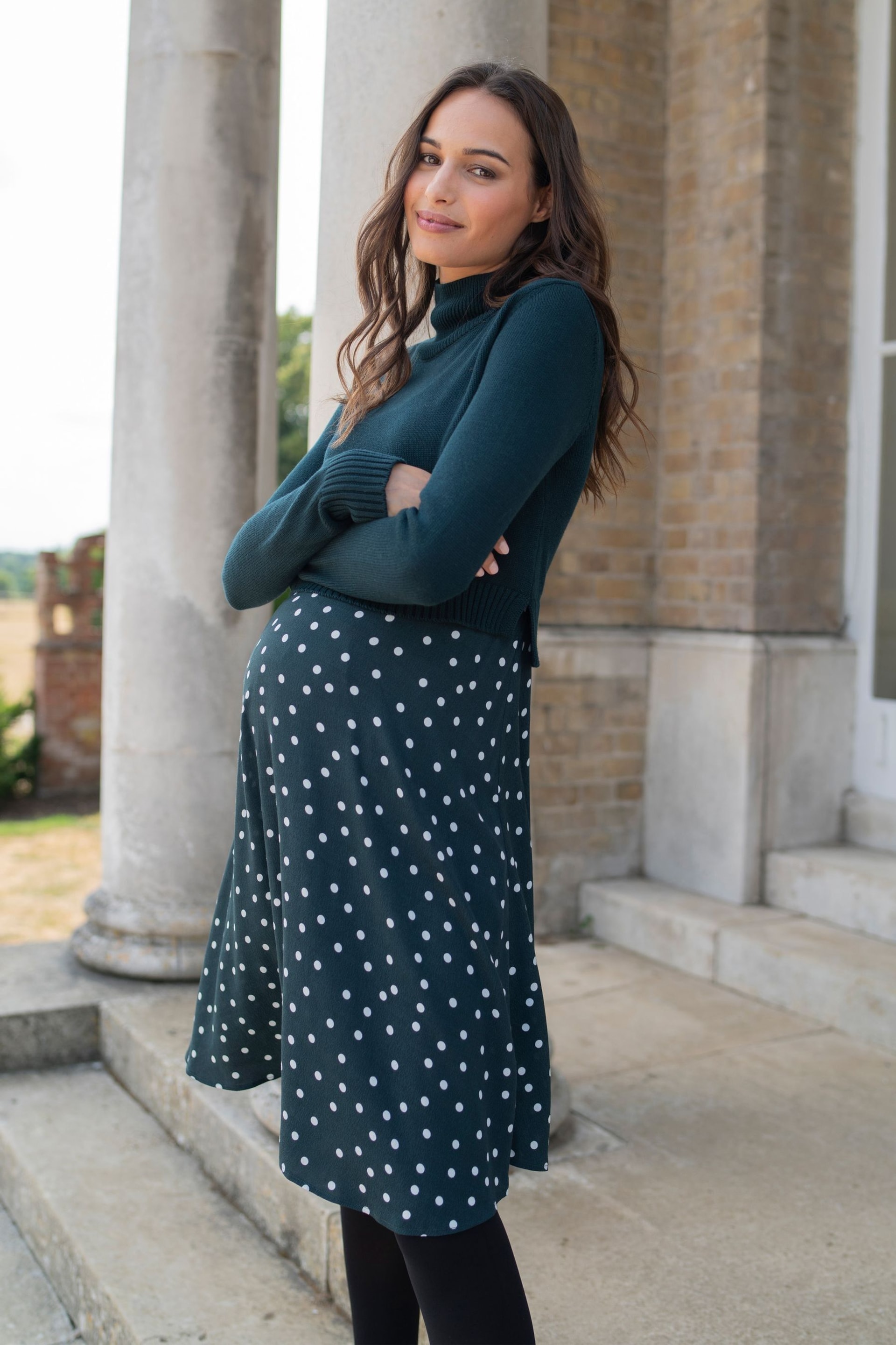 Seraphine Green Knit Topper Maternity Dress with Spot Skirt - Image 5 of 5