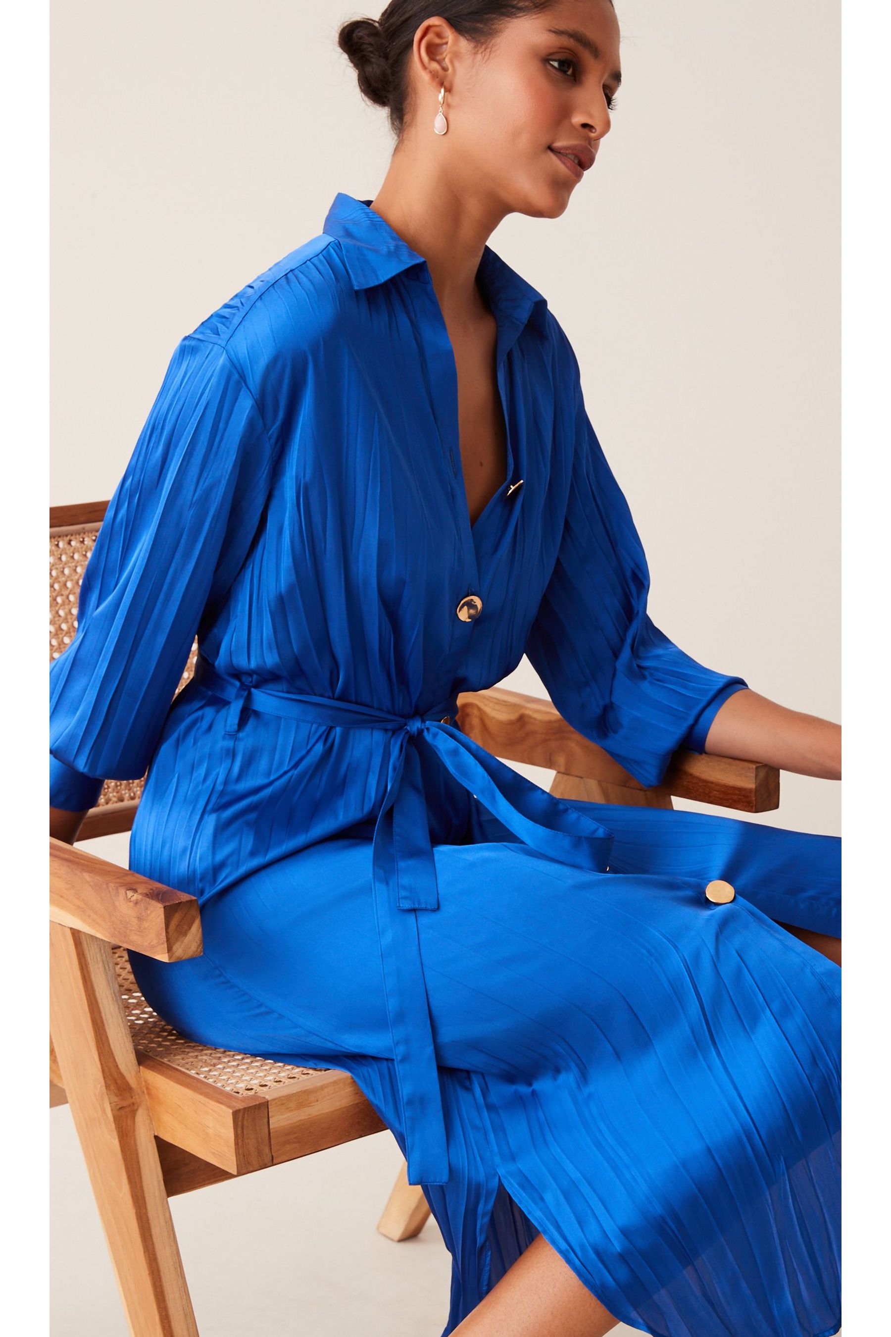 Buy Cobalt Blue Pleated Satin Midi Shirt Dress from Next Luxembourg