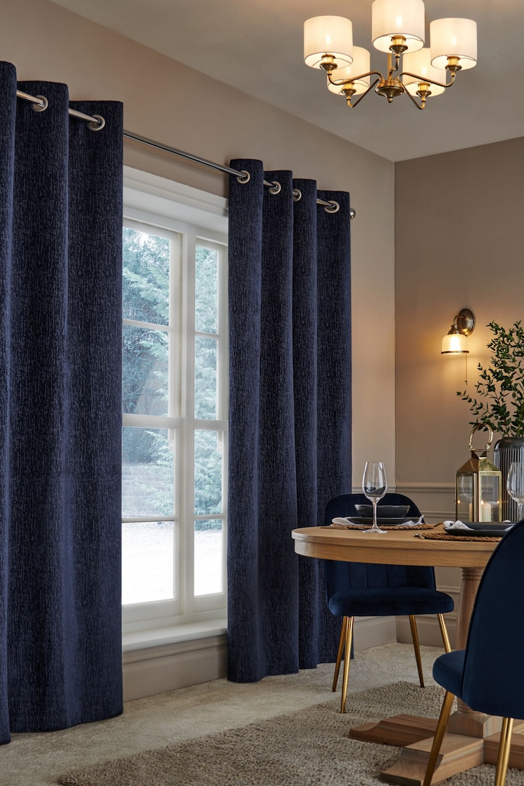 Navy Blue Heavyweight Chenille Eyelet Super Thermal Curtains - Image 1 of 6