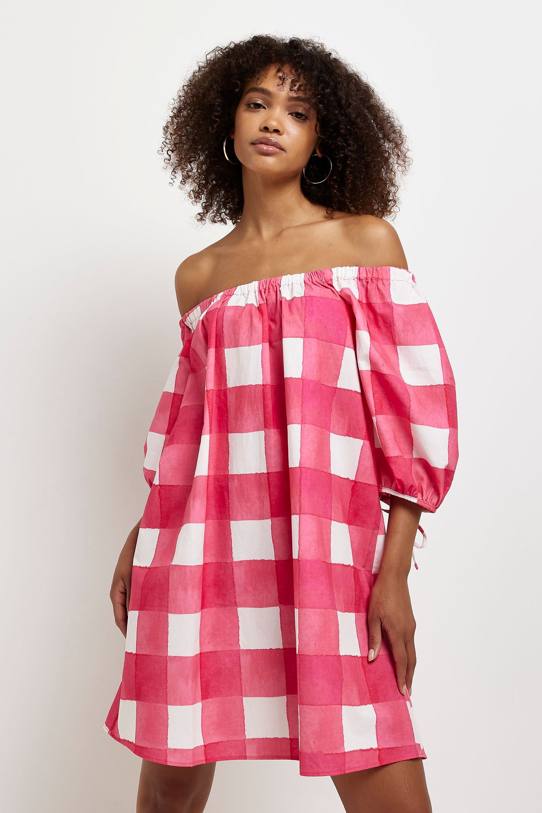 Buy River Island Bright Pink 100 Cotton Poplin Bardot Check Dress from Next Ireland