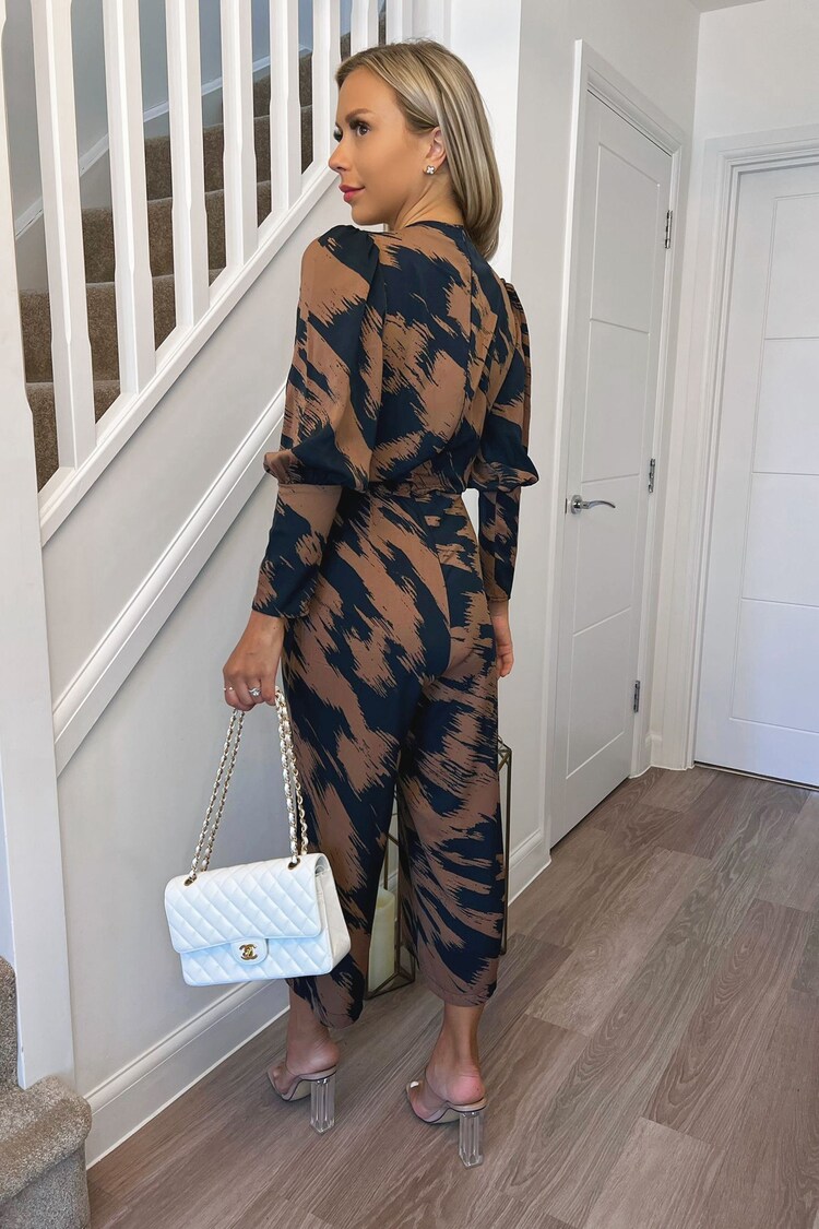 AX Paris Brown Printed Wrap Top Culotte Jumpsuit - Image 2 of 4