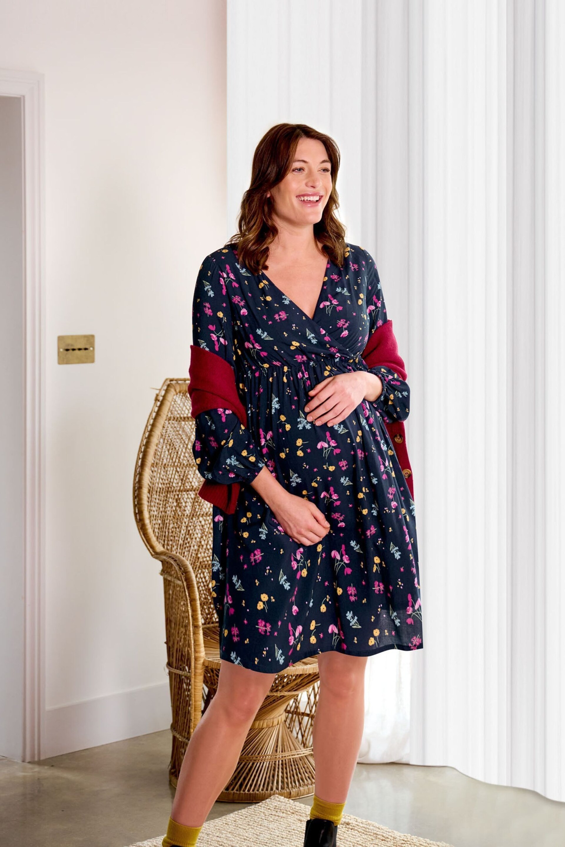 JoJo Maman Bébé Navy Floral Wrap Maternity Dress - Image 1 of 4