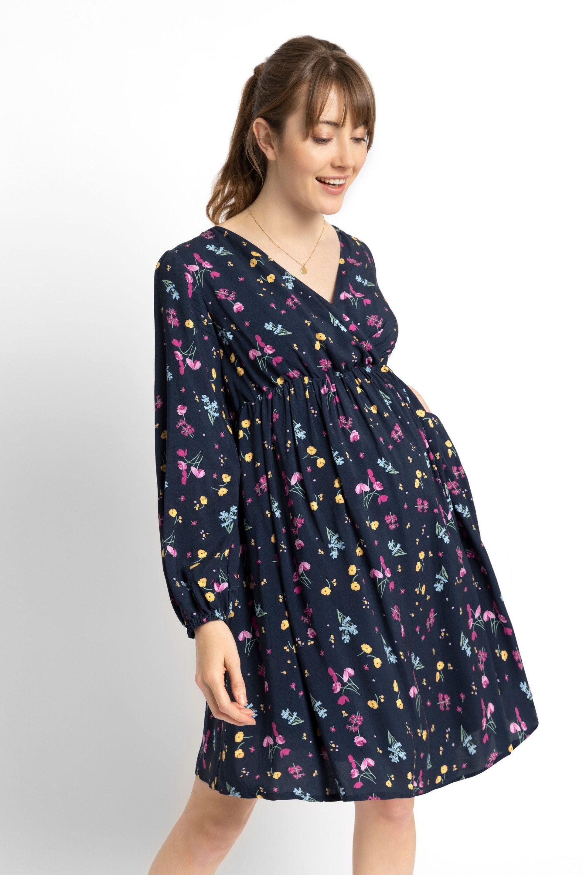 JoJo Maman Bébé Navy Floral Wrap Maternity Dress - Image 4 of 4