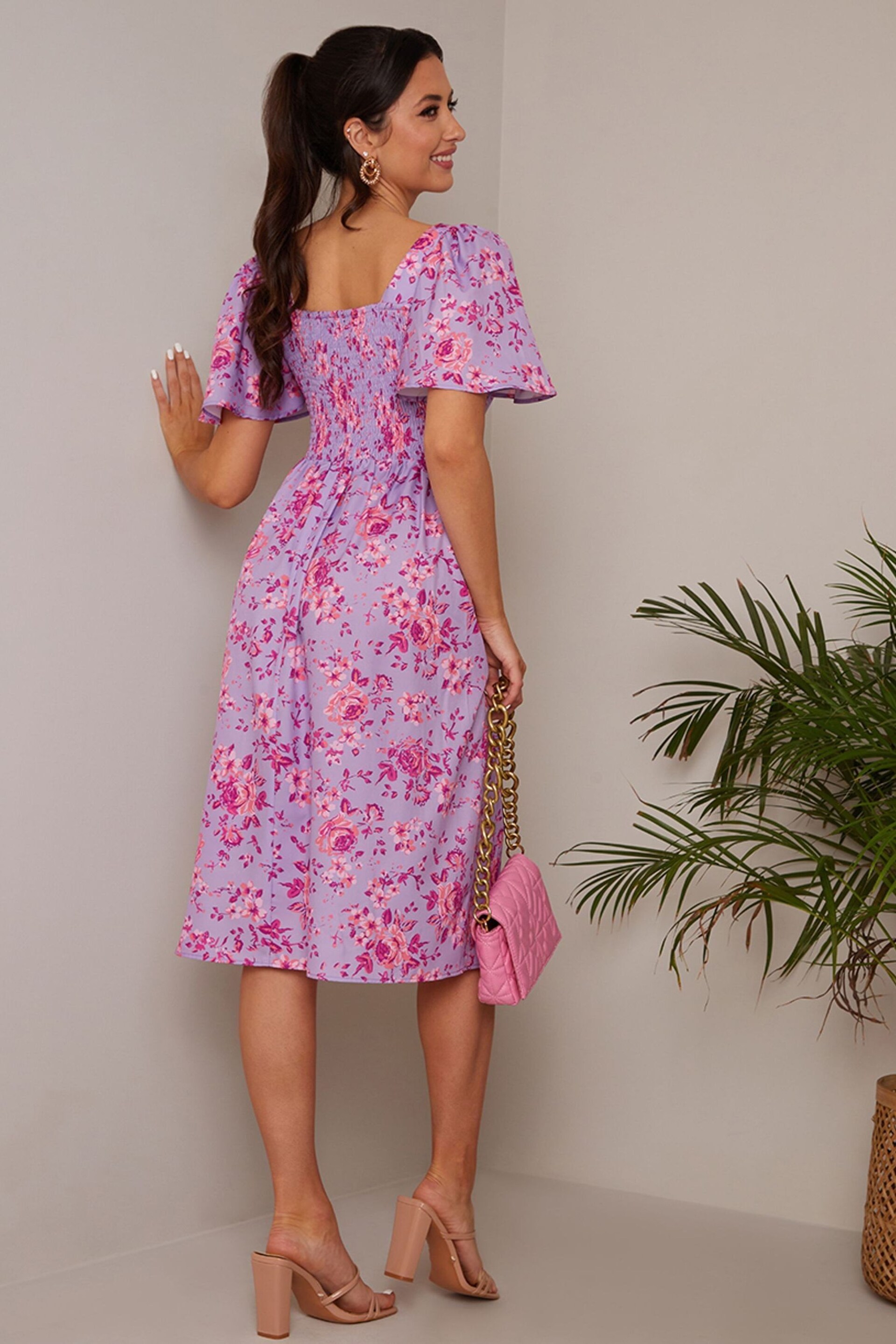 Chi Chi London Purple Square Neck Ditsy Floral Midi Dress - Image 2 of 4