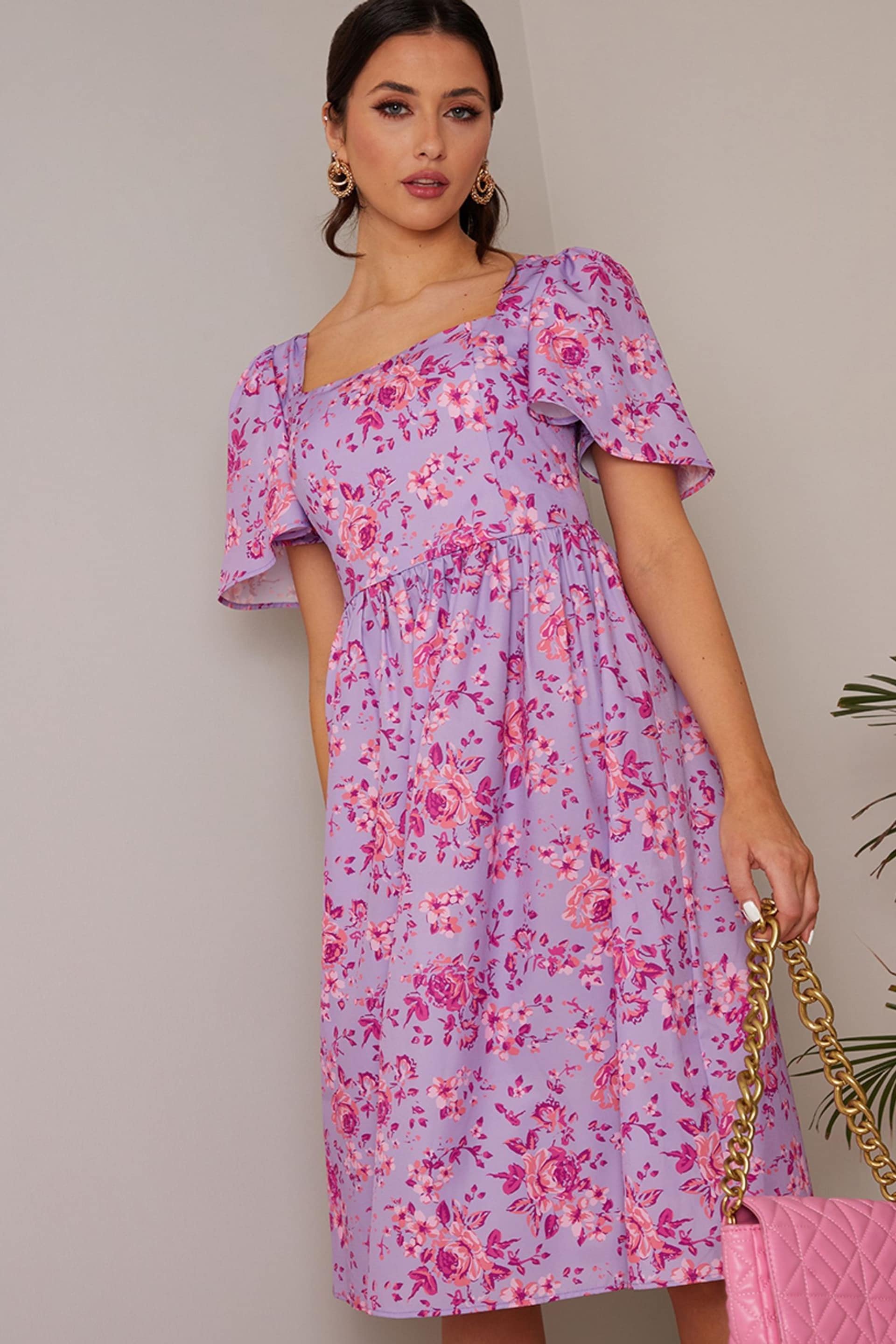Chi Chi London Purple Square Neck Ditsy Floral Midi Dress - Image 3 of 4