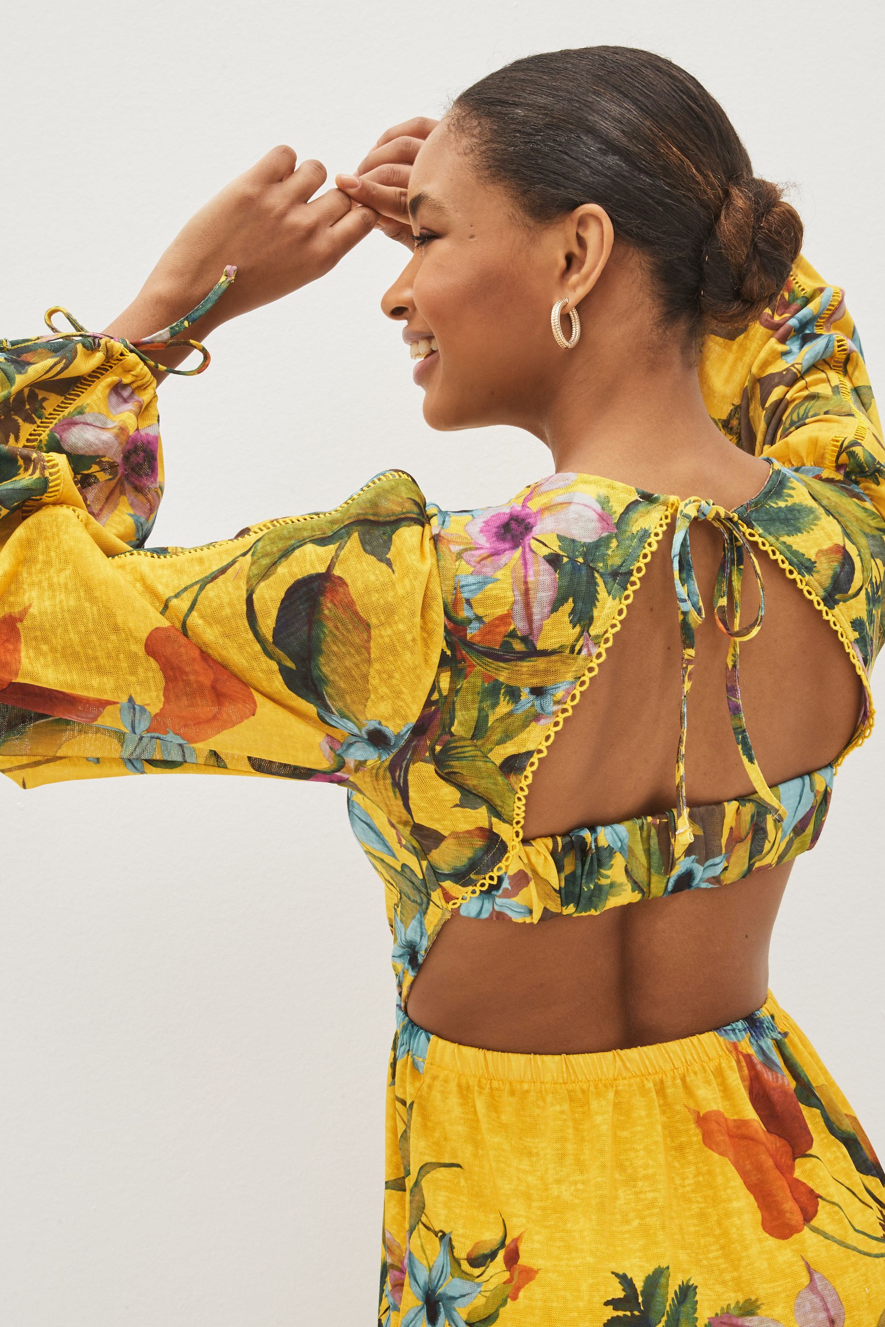 Buy Yellow Floral Cut Out V Neck Long Sleeve Midi Dress from Next Luxembourg
