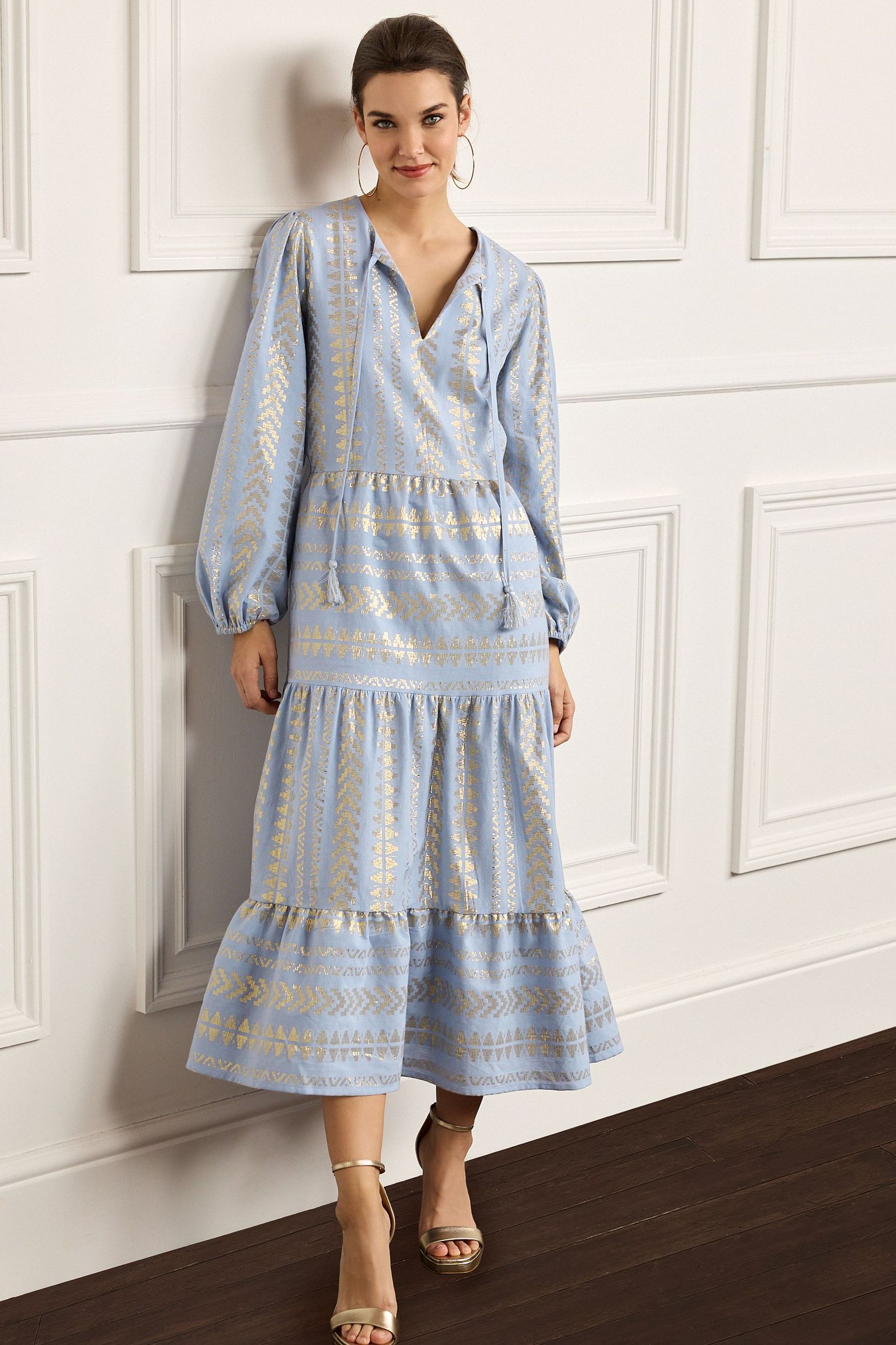 Buy Pale Blue Metallic Jacquard Kaftan Style Midi Dress from Next Luxembourg