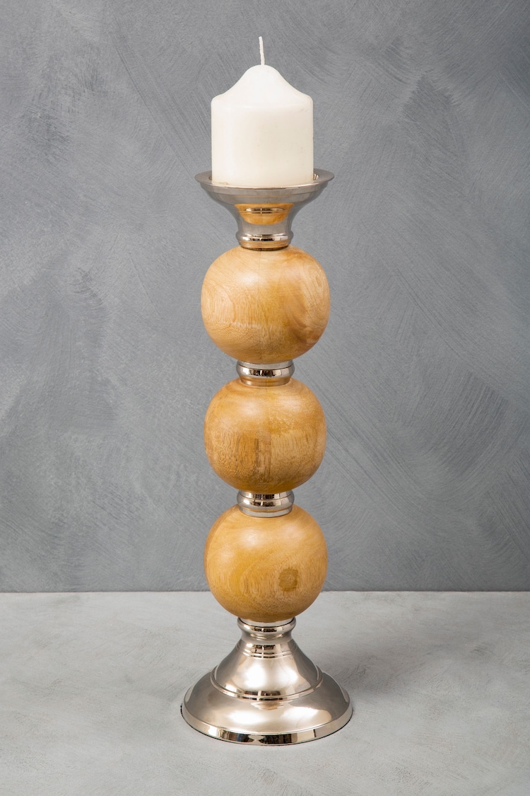 Fifty Five South Silver Hampstead Pillar Brass/Wood Candle Holder - Image 2 of 3