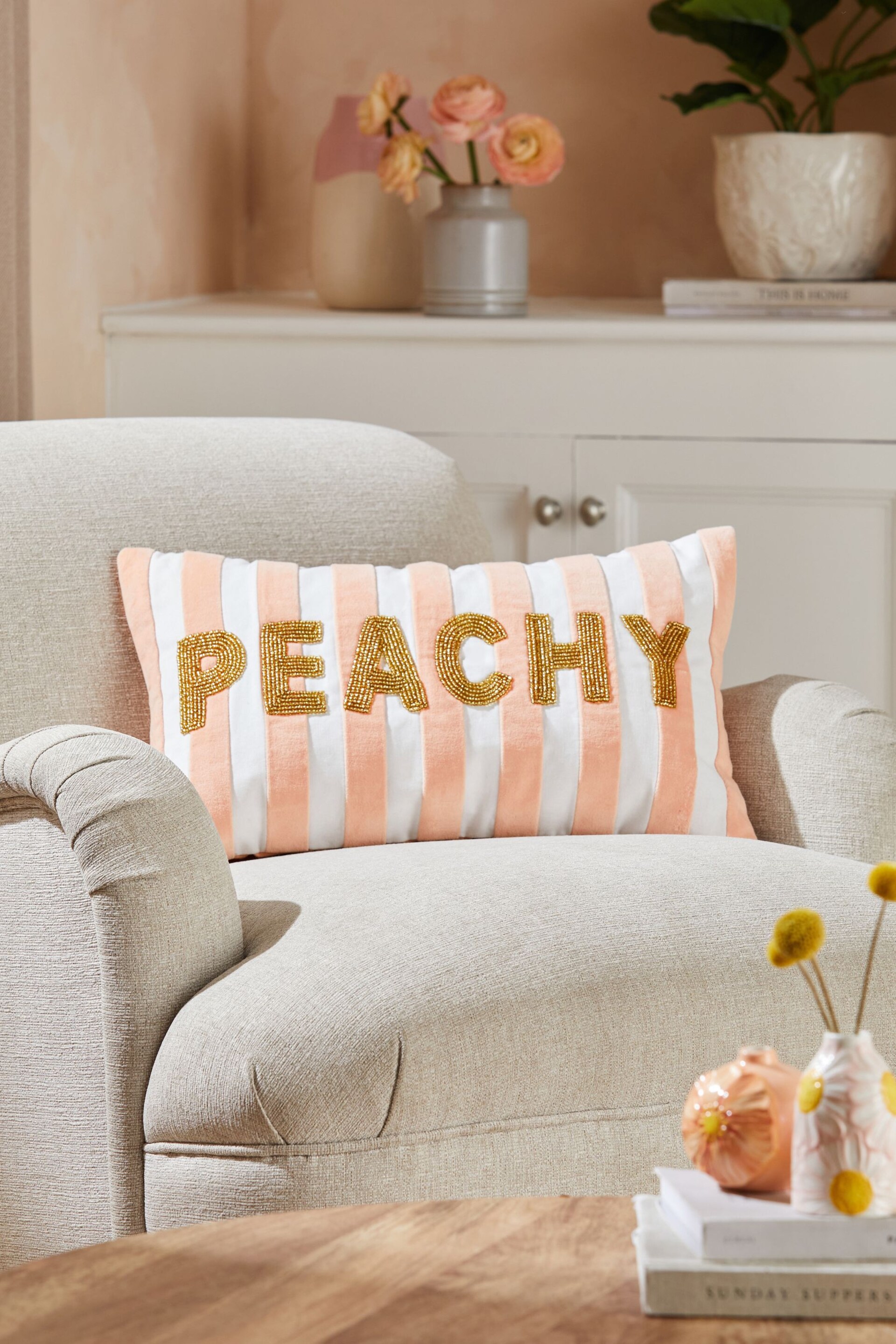 Peach Pink 50 x 30cm Velvet Stipe Sunshine Slogan Oblong Cushion - Image 1 of 5