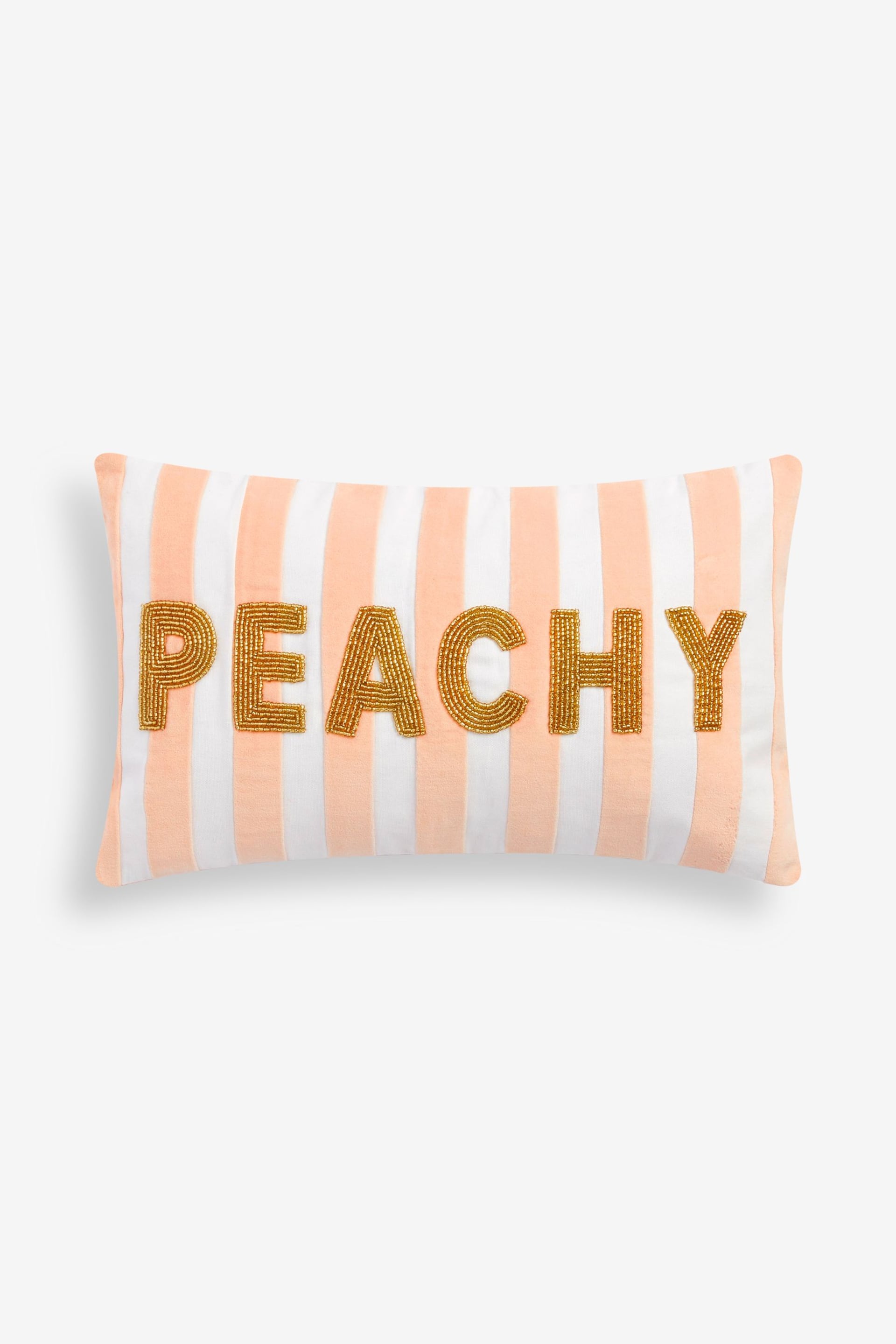 Peach Pink 50 x 30cm Velvet Stipe Sunshine Slogan Oblong Cushion - Image 2 of 5