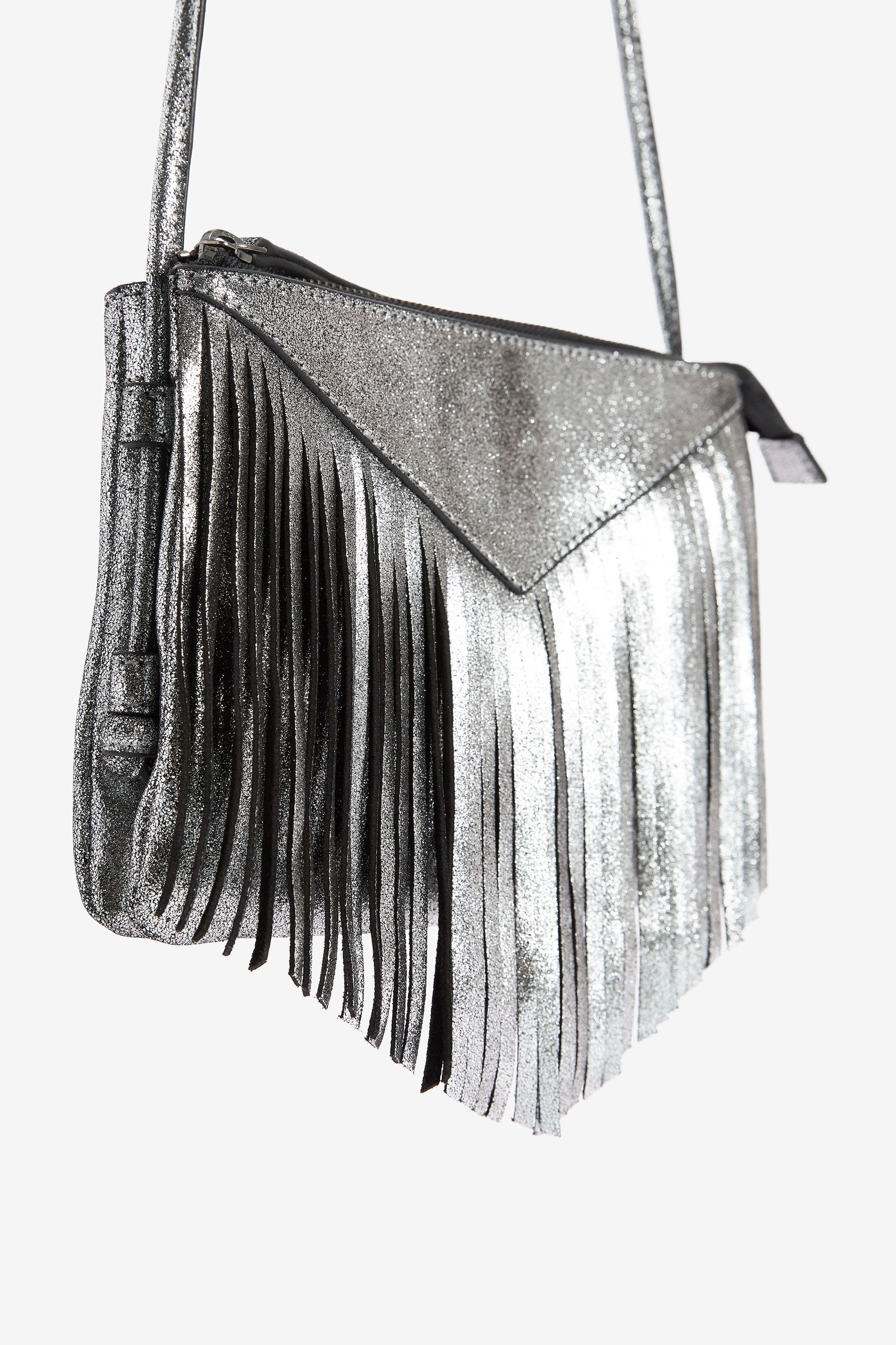 Buy Silver Metallic Leather Fringe Cross Body Bag from Next Luxembourg