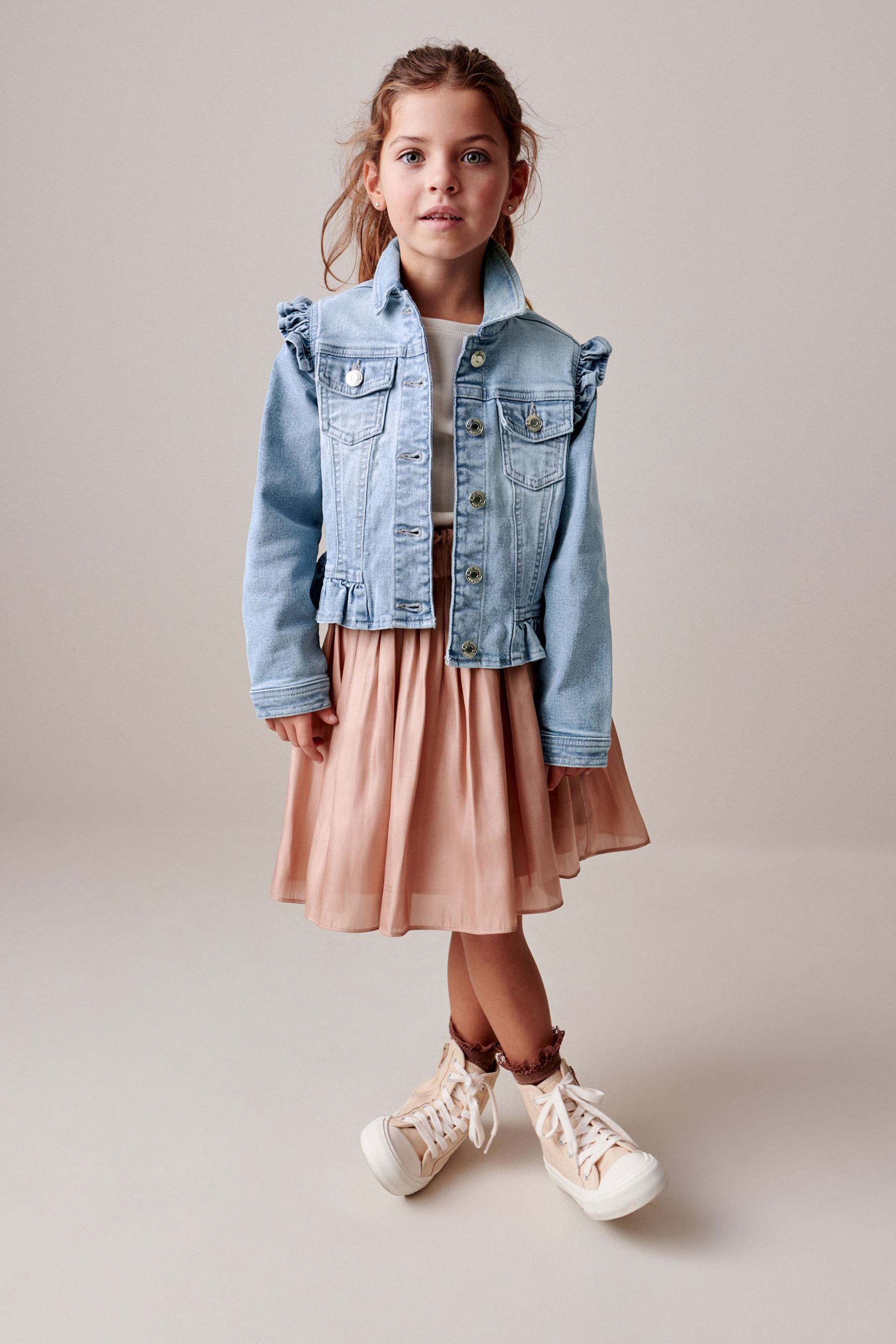 Denim jacket with frill shoulders online