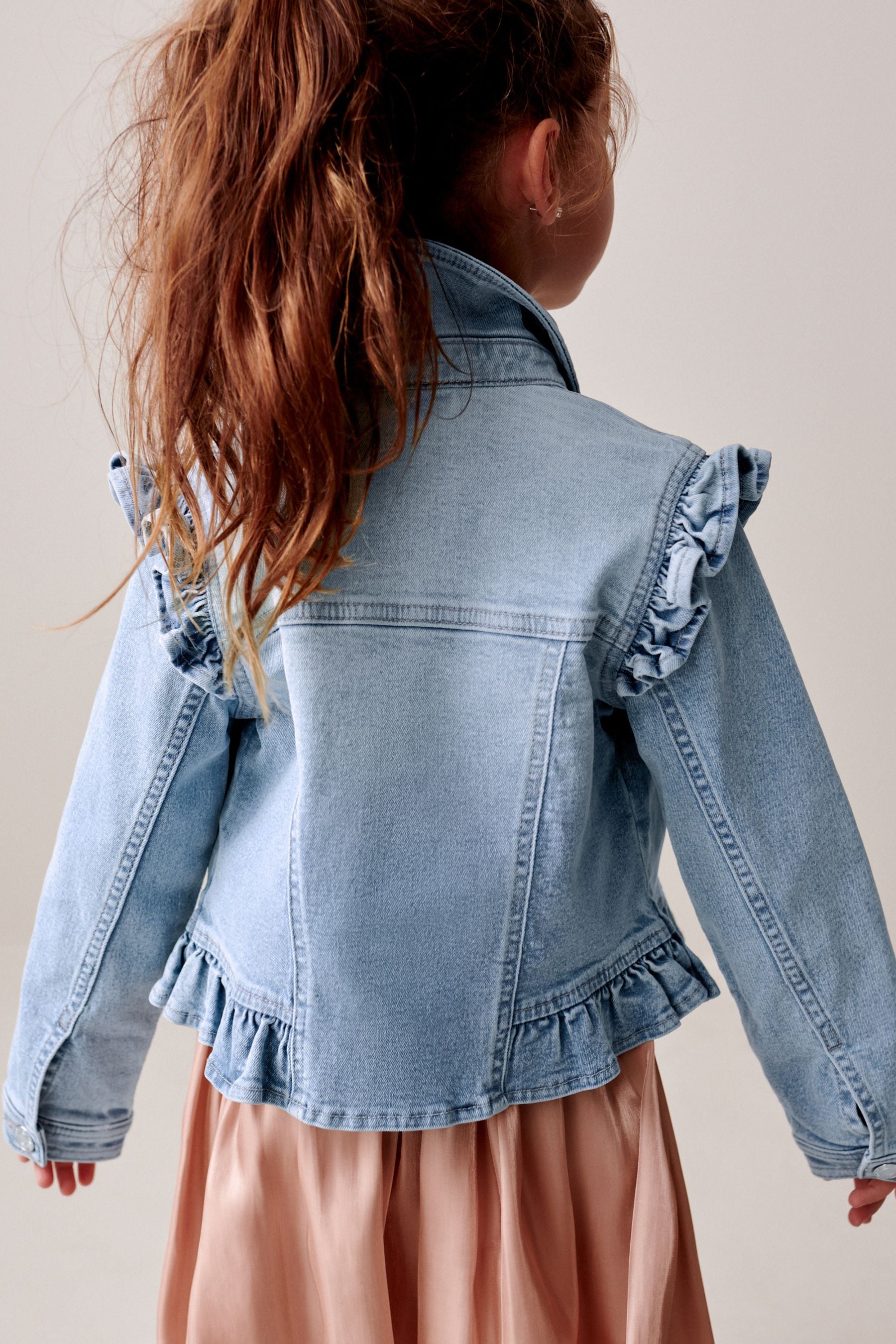Mid Blue 100 Cotton Frill Shoulder Denim Jacket 3 16yrs