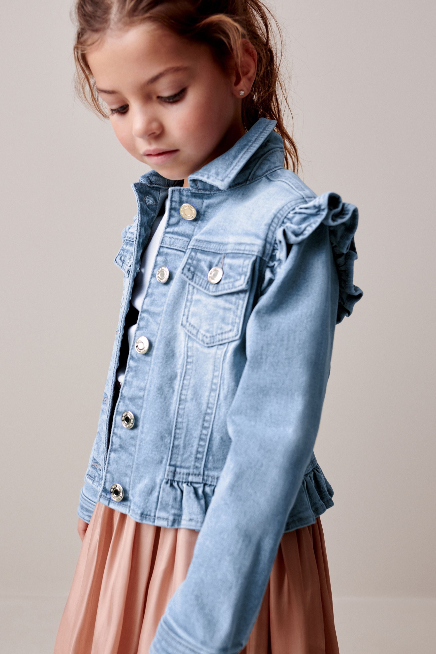 Denim jacket ruffle shoulder clearance