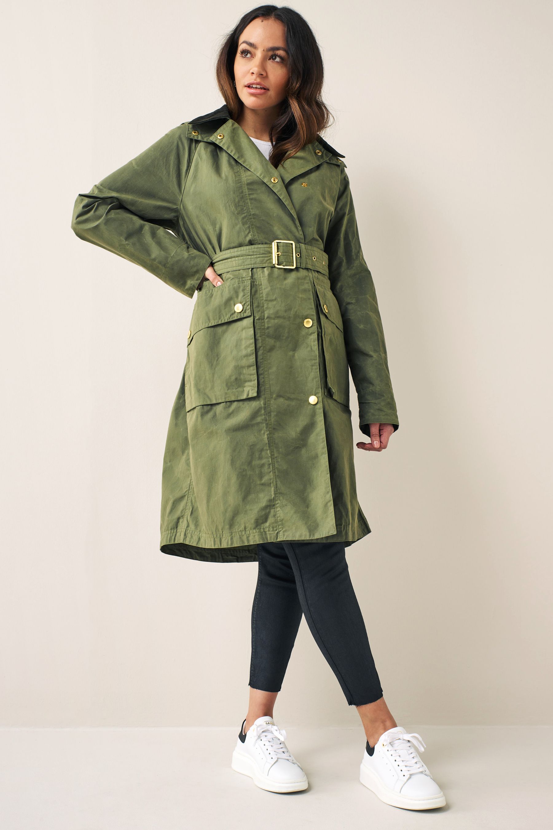Barbour International Khaki Green Rossin Longline Belted Jacket