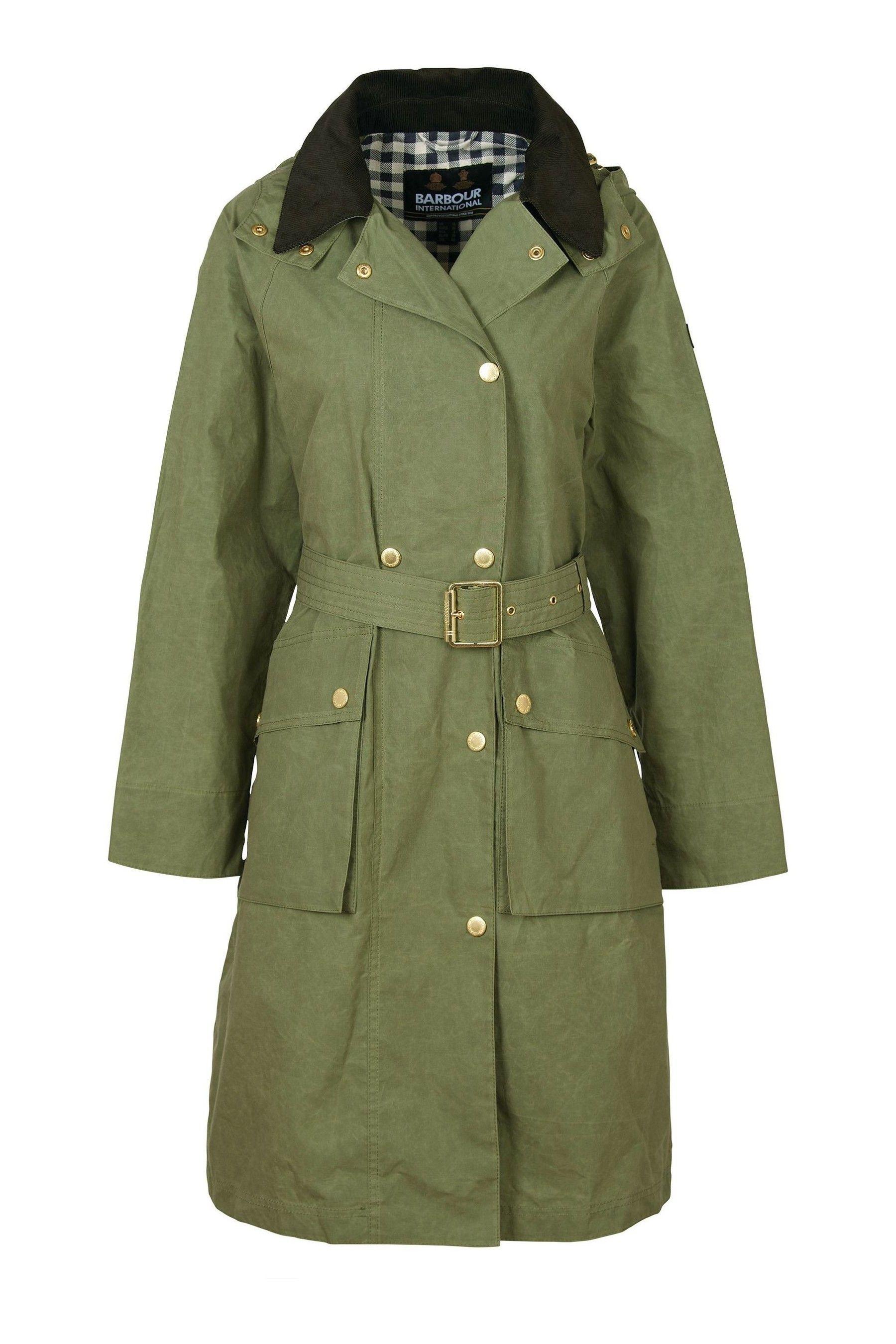 Barbour International Khaki Green Rossin Longline Belted Jacket