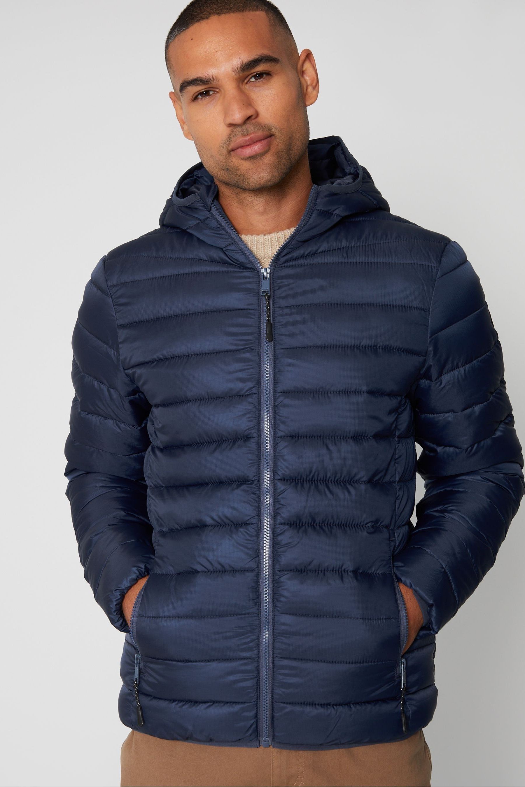 Threadbare Blue Matte Finish Padded Showerproof Hooded Jacket