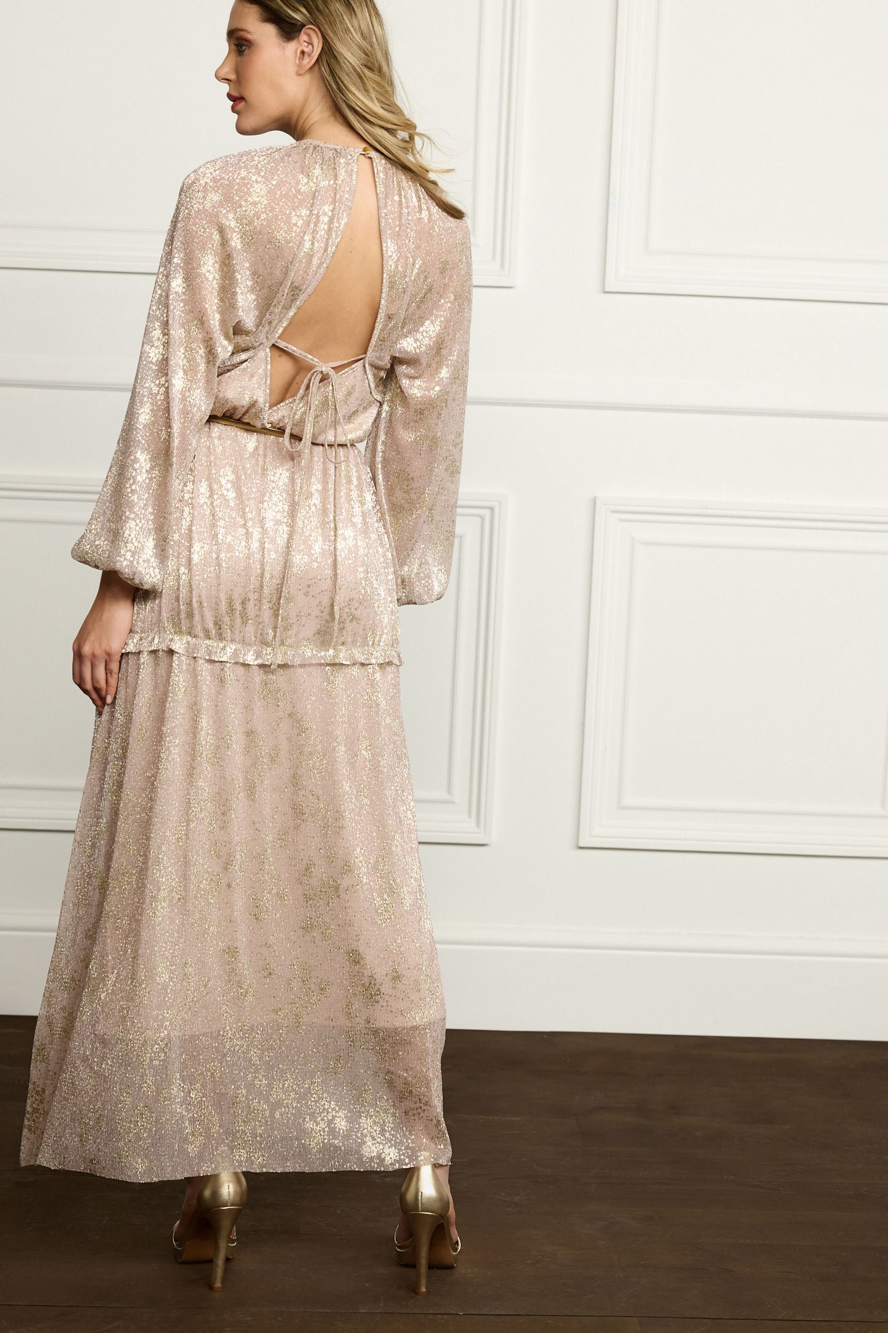 Gold long sleeve midi dress best sale