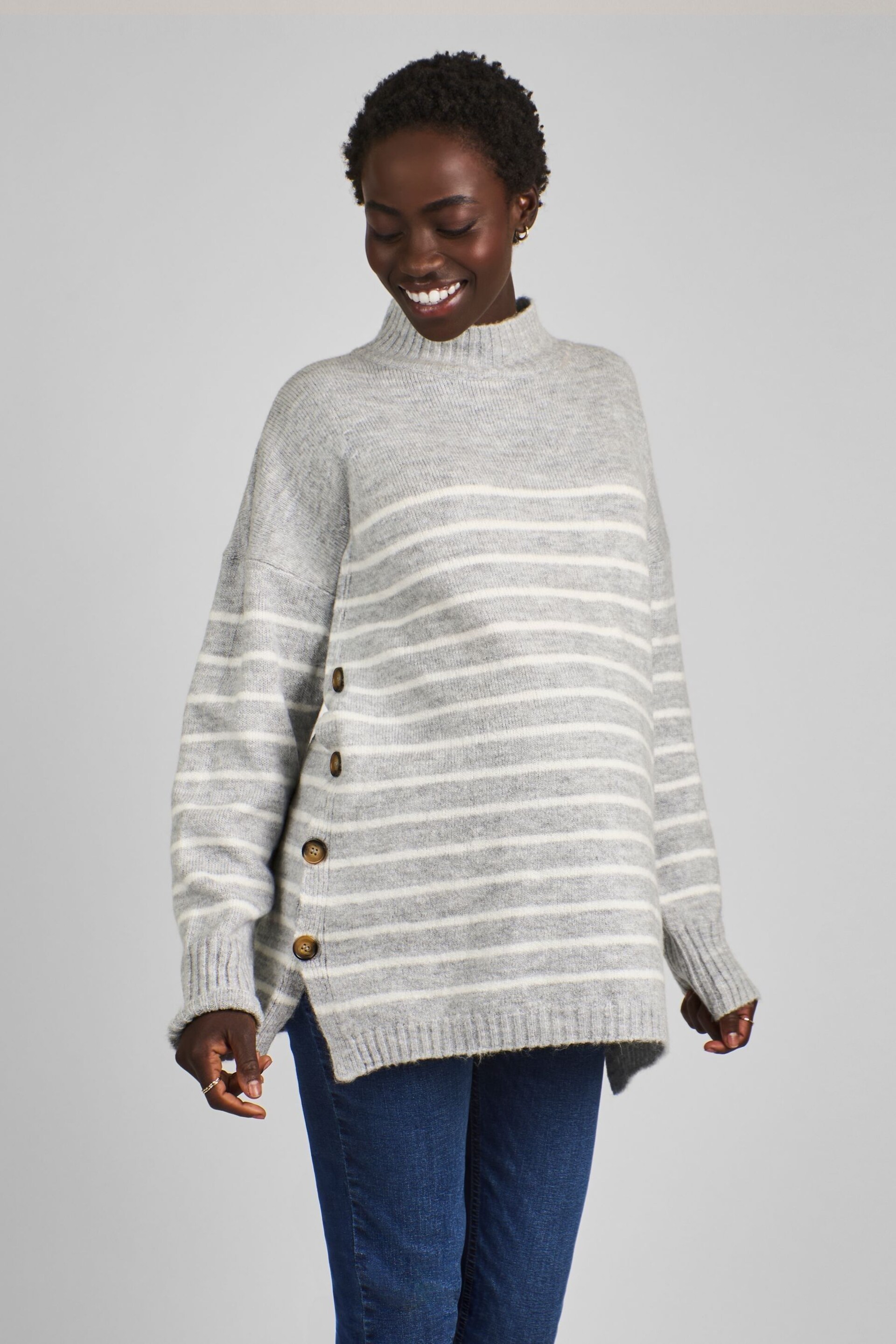 JoJo Maman Bébé Marl Grey & Ecru Cream Stripe Turtle Neck Maternity & Nursing Jumper - Image 1 of 4