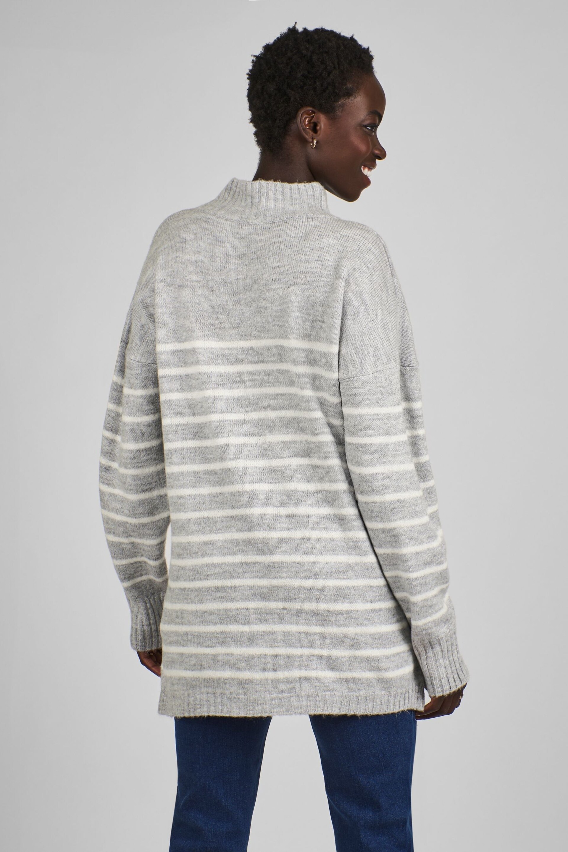 JoJo Maman Bébé Marl Grey & Ecru Cream Stripe Turtle Neck Maternity & Nursing Jumper - Image 2 of 4