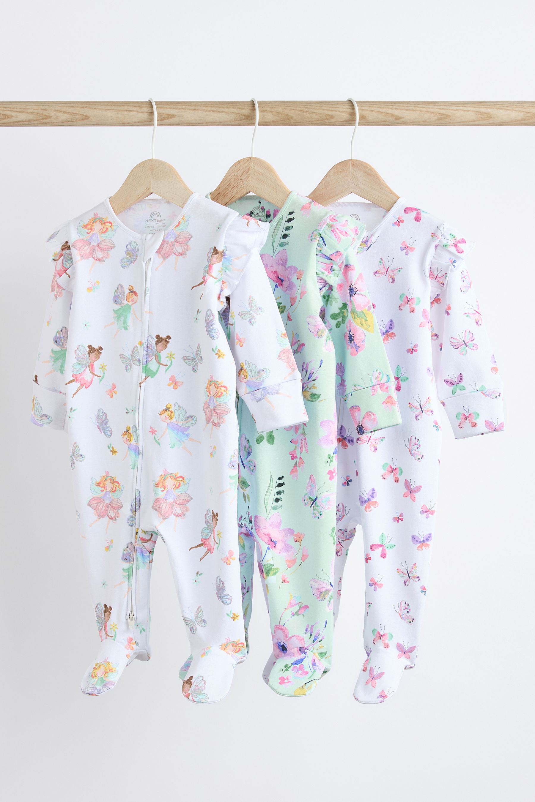 White Fairy Baby Two Way Zip Sleespuits 3 Pack 0 2yrs