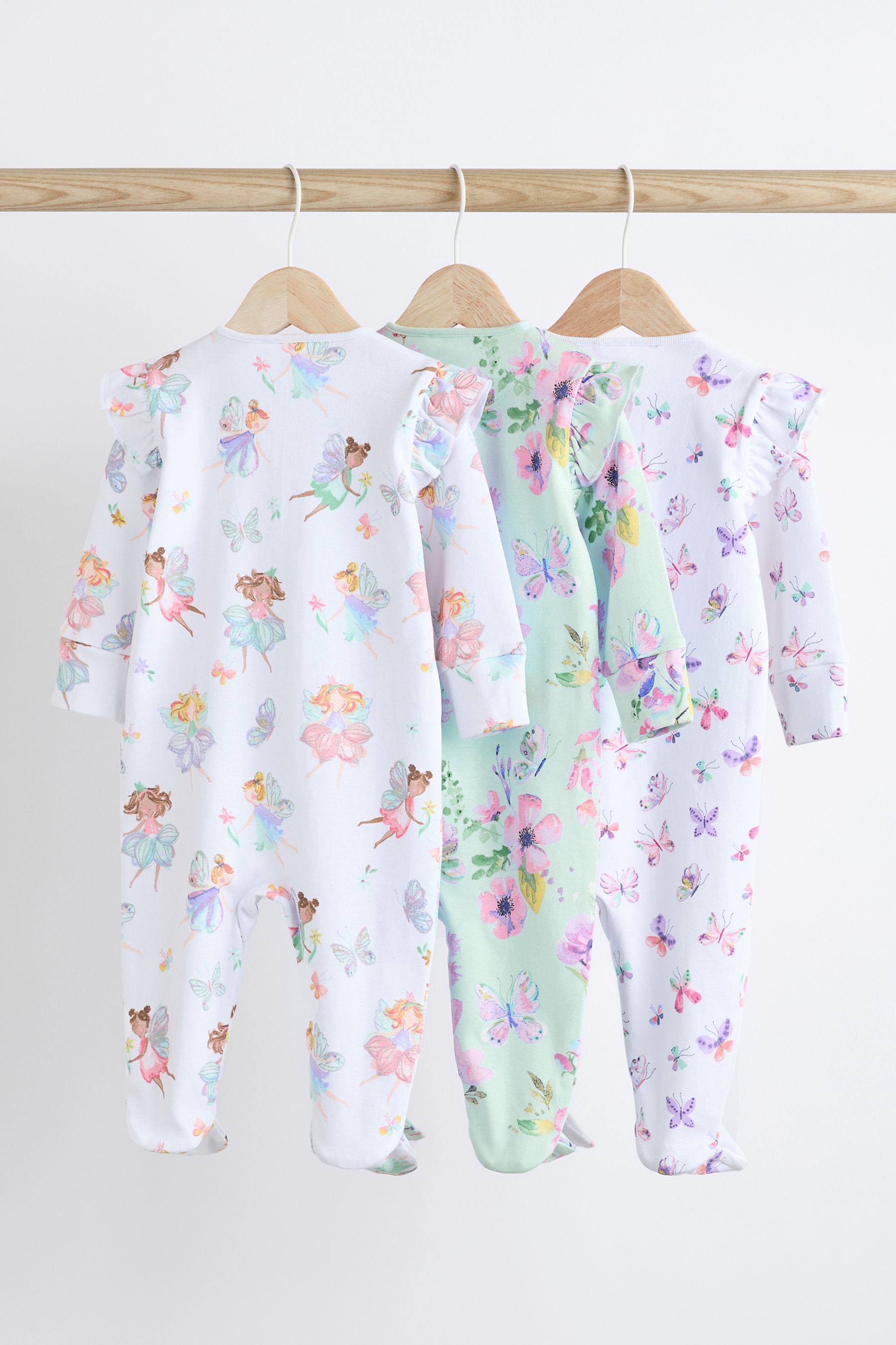 White Fairy Baby Two Way Zip 100 Cotton Sleespuits 3 Pack 0 2yrs