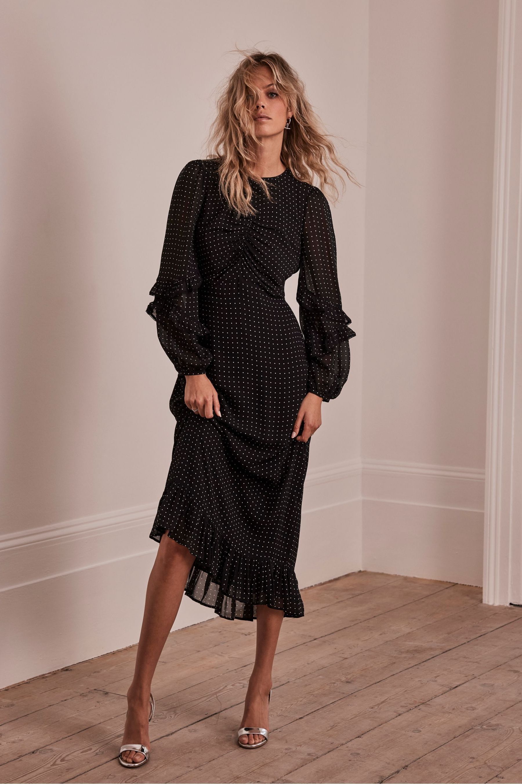 Buy Mint Velvet Black Print Ruffle Midi Dress from Next Luxembourg