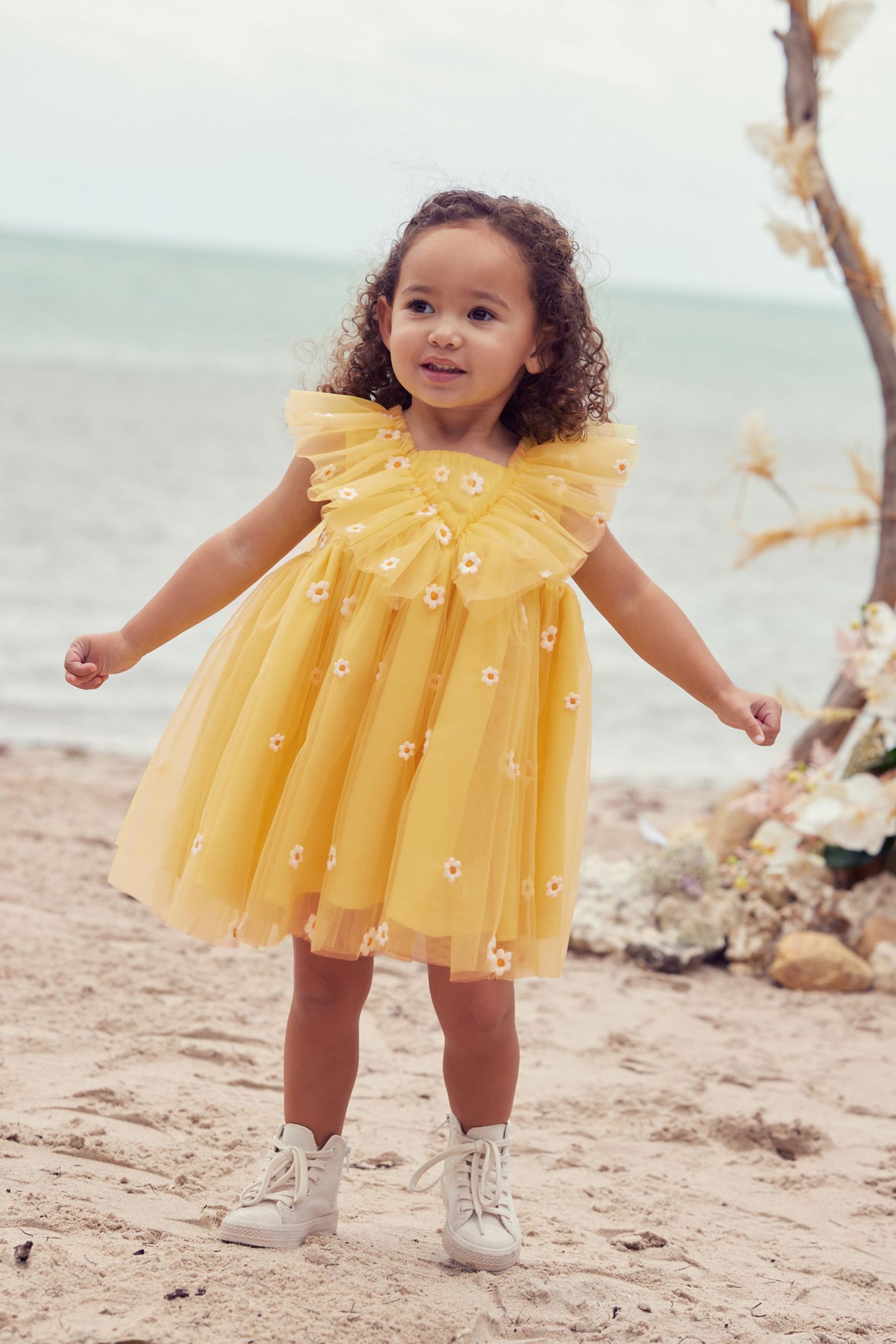 Yellow Daisy Embroidered Ruffle Mesh Dress (3mths-10yrs) - Image 2 of 7