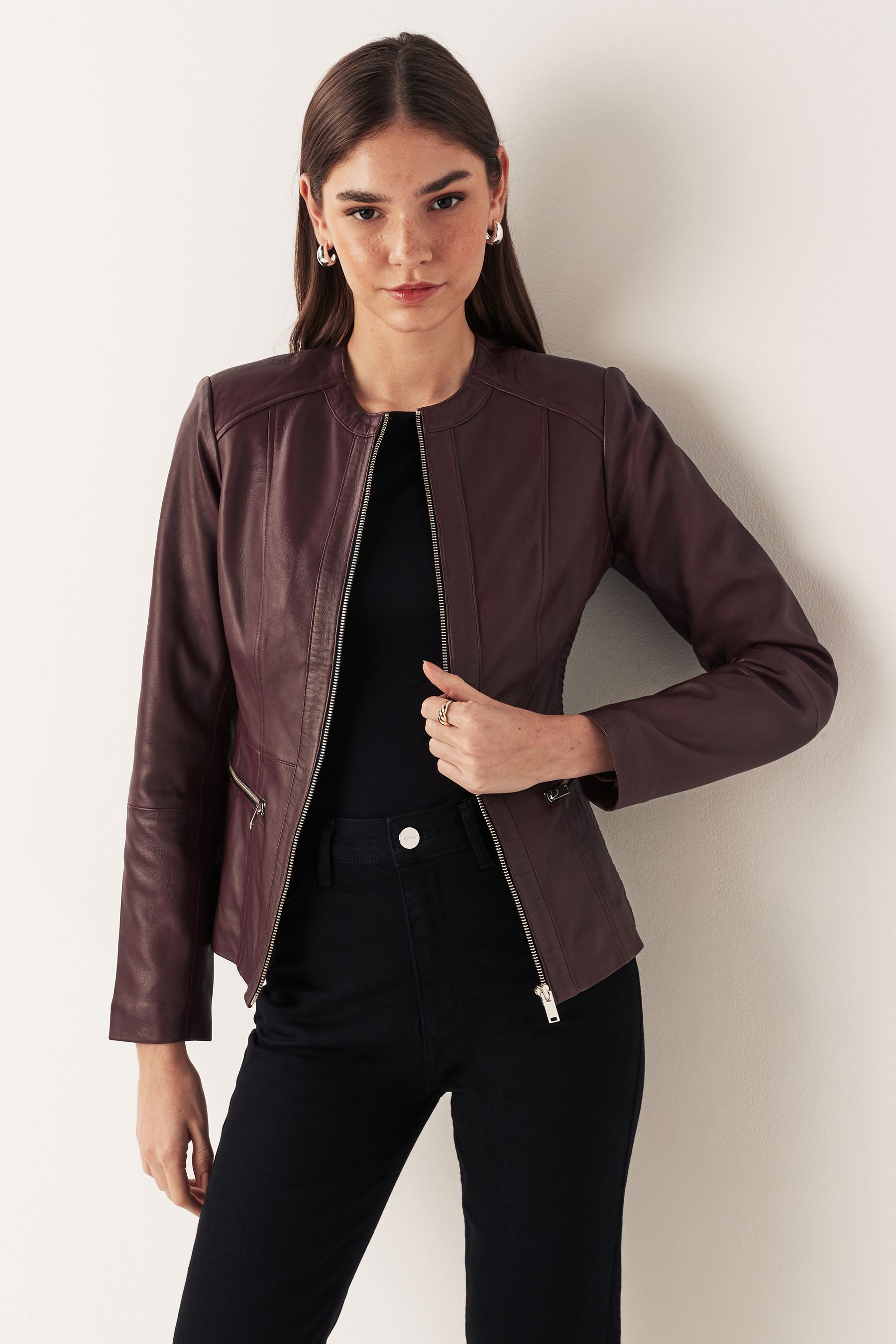 Buy Urban Code Red Collarless Leather Jacket from Next Luxembourg