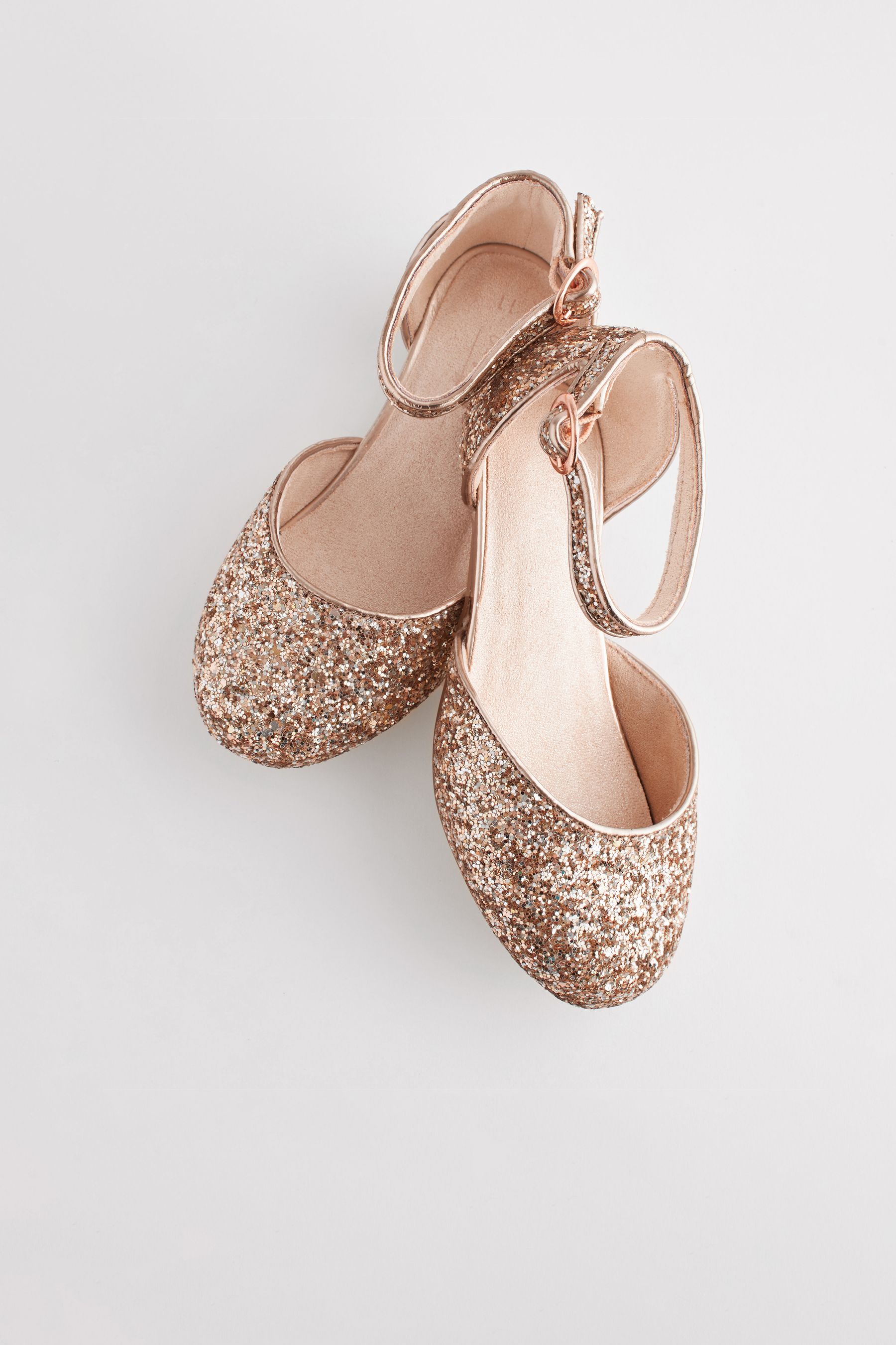 NEXT Rose Gold Glitter Occasion Ankle Strap Low Heel Shoes us5 Girls