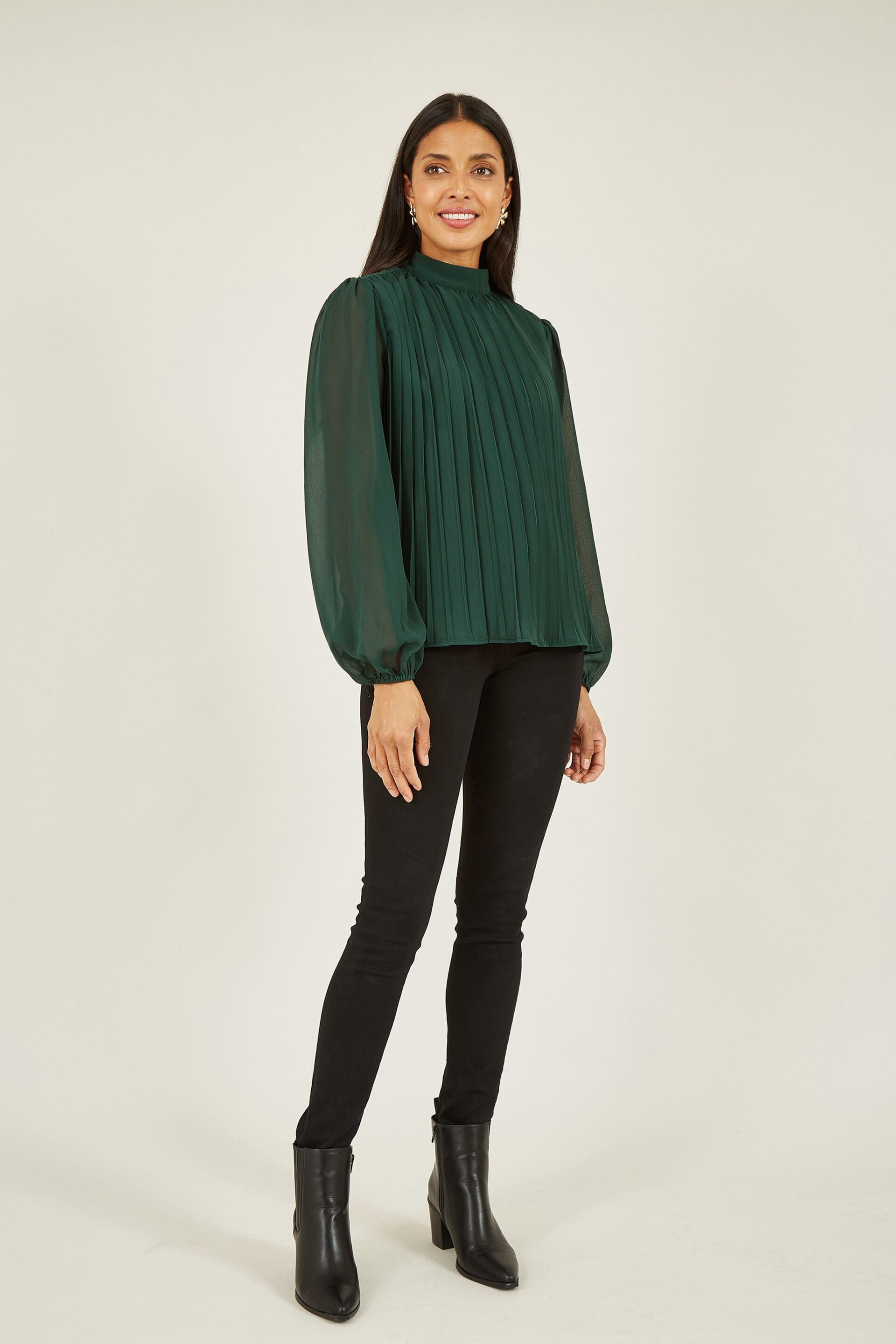 Mela Green Pleated Long Sleeve Top With High Neck - Image 2 of 3