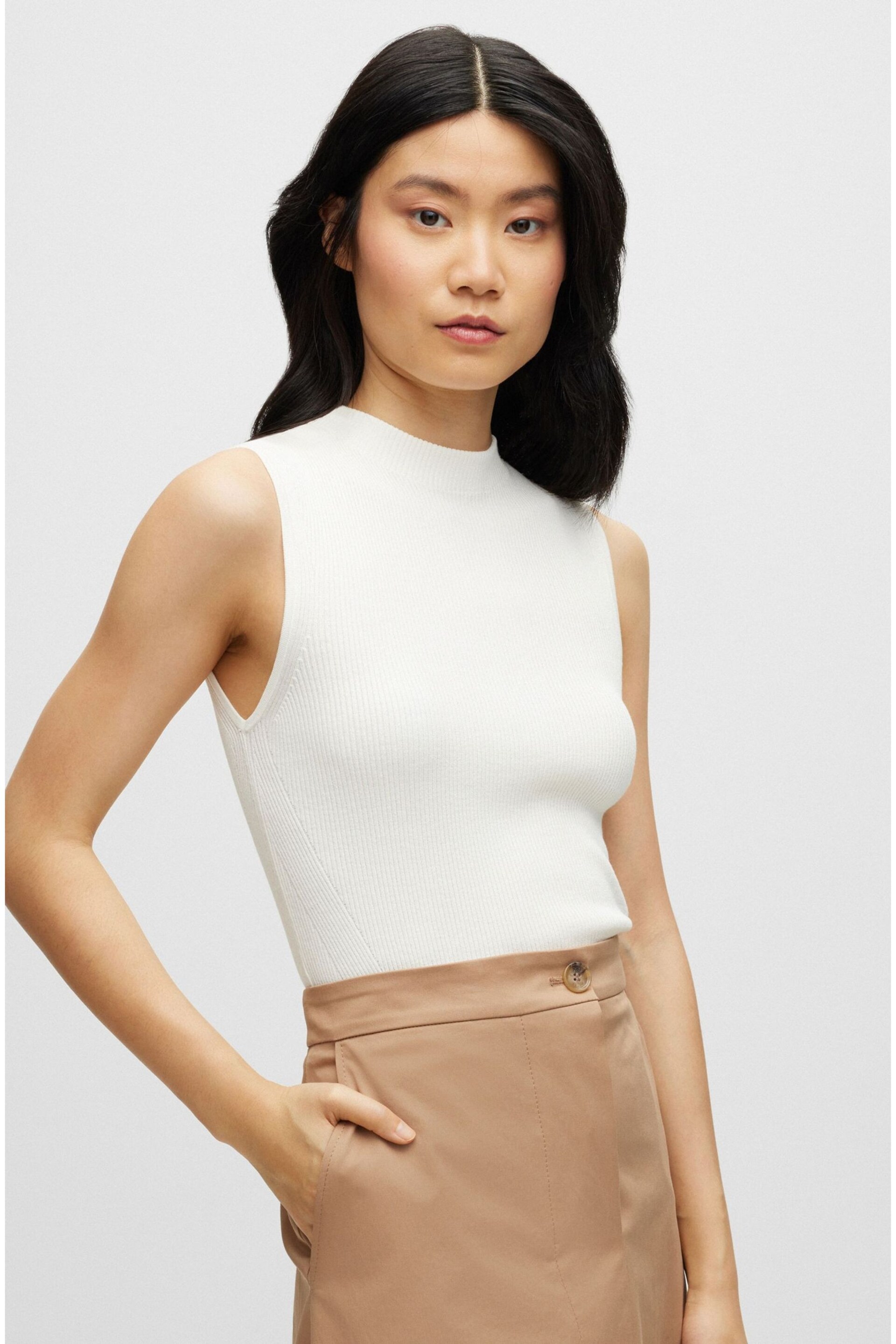 BOSS White Slim Fit Rib Sleeveless Knitted Top - Image 1 of 5