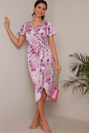 Chi Chi London Purple Short Sleeve V-Neck Floral Midi Dress - Image 1 of 4