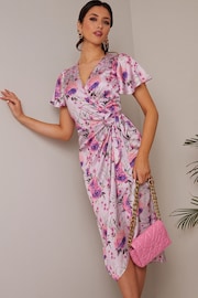 Chi Chi London Purple Short Sleeve V-Neck Floral Midi Dress - Image 3 of 4