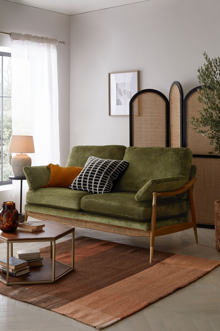Plush Chenille Moss Green Flinton Wooden 3 Seater Sofa - Image 1 of 7