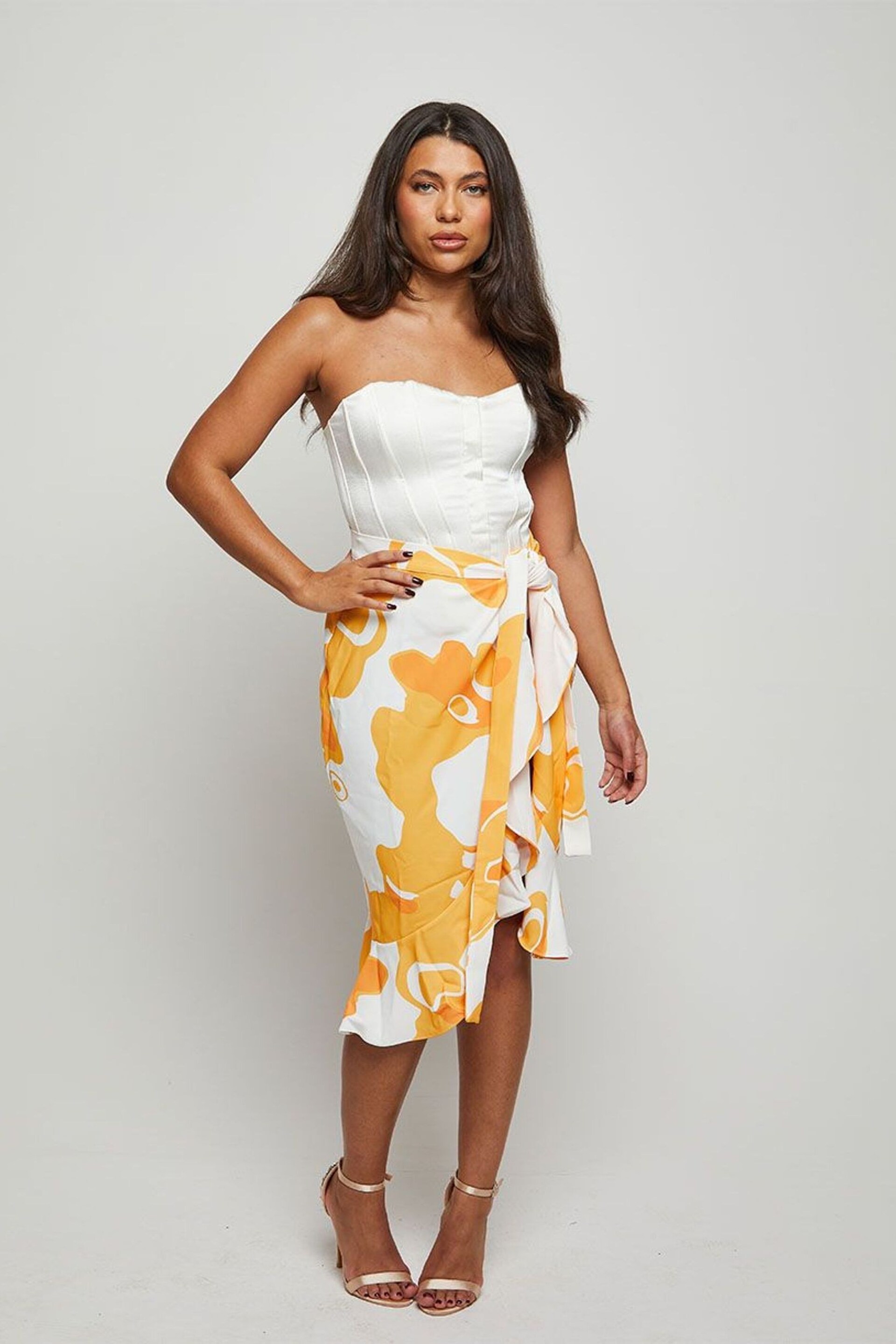 Chi Chi London Yellow Ruffle Printed Wrap Midi Skirt - Image 1 of 4