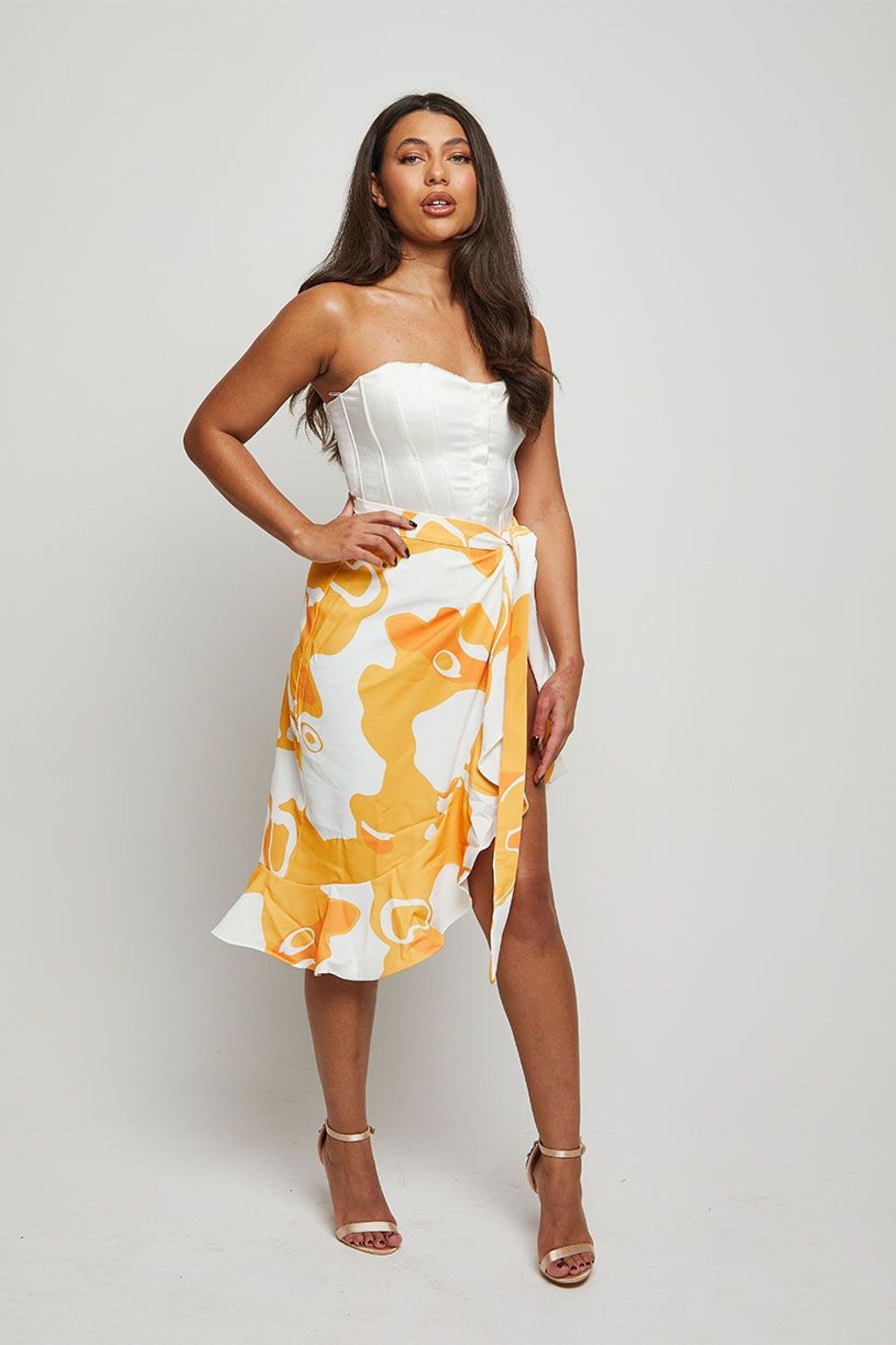 Chi Chi London Yellow Ruffle Printed Wrap Midi Skirt - Image 4 of 4