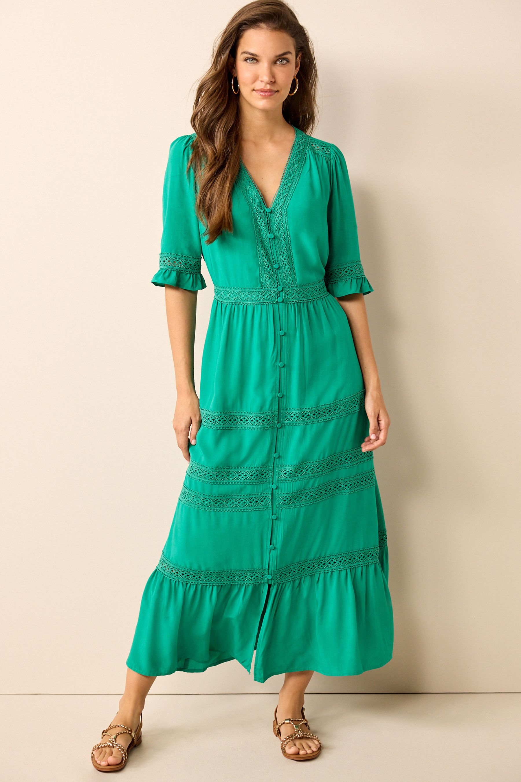 Buy Green Lace Trim Button Through Dress from Next Luxembourg