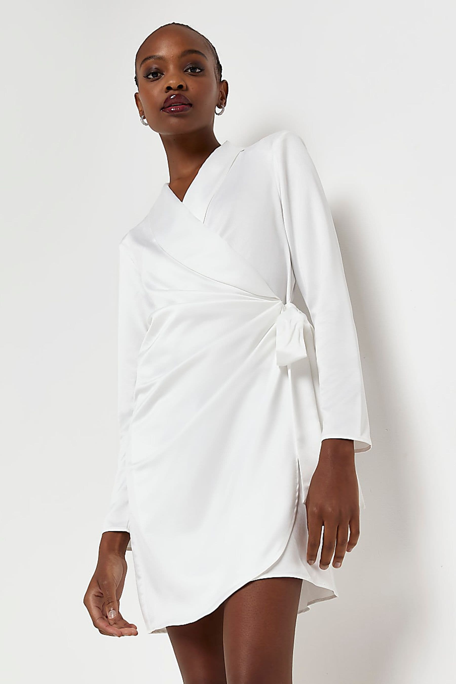 River Island Cream Satin Wrap Blazer Dress