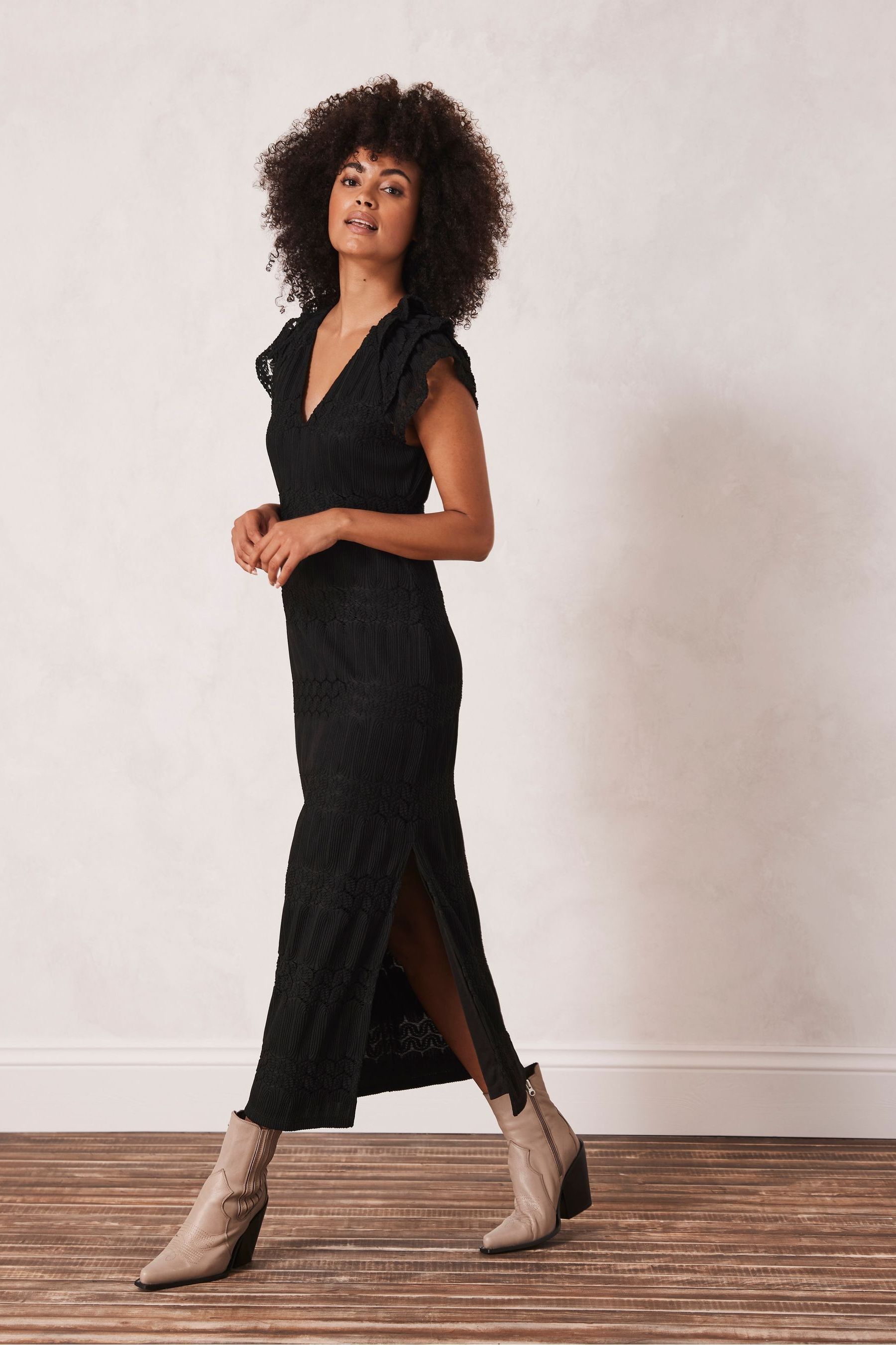 Buy Mint Velvet Black Lace Ruffle Midi Dress from Next Luxembourg