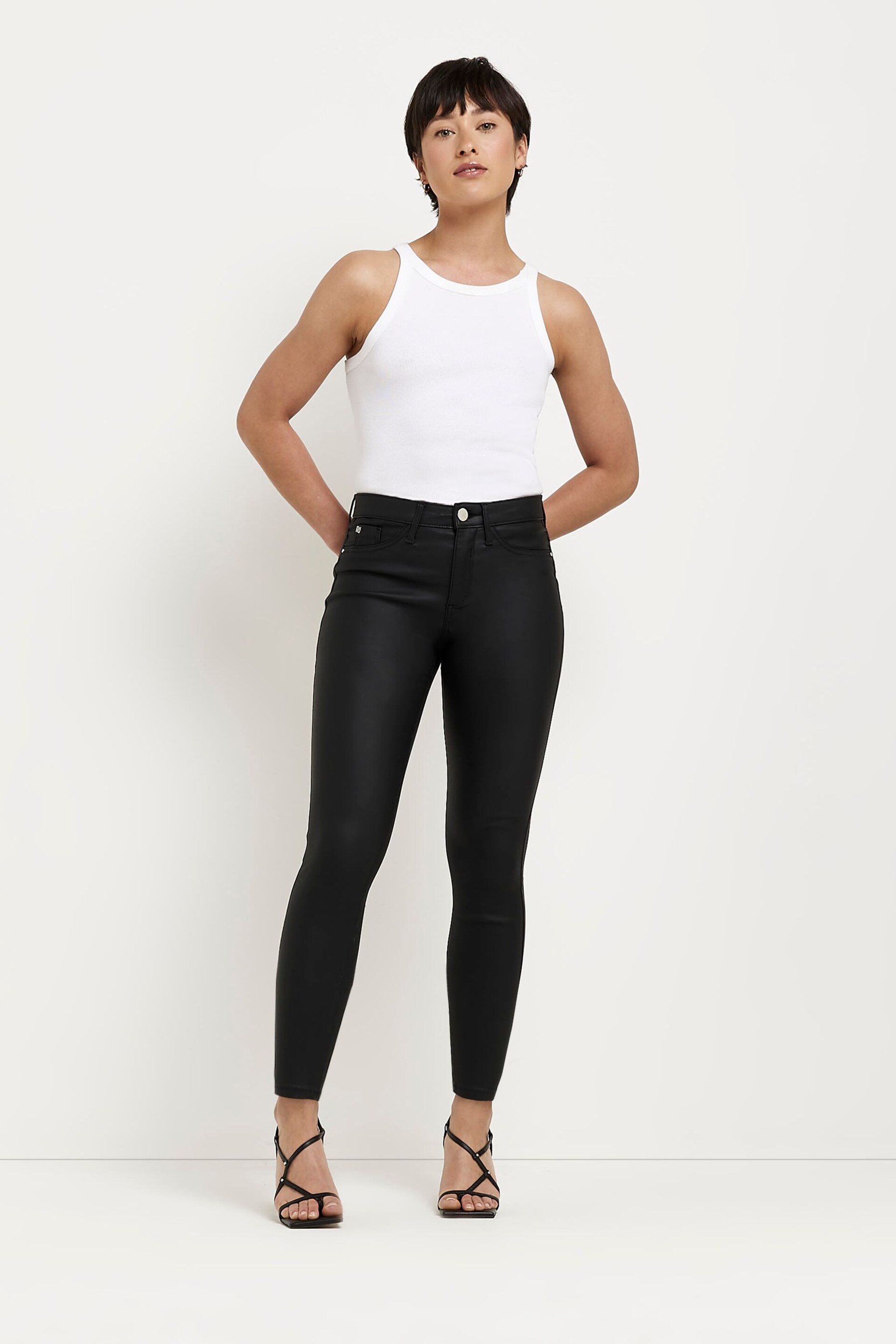 River Island Black Petite Mid Rise Coated Skinny Jeans - Image 3 of 5