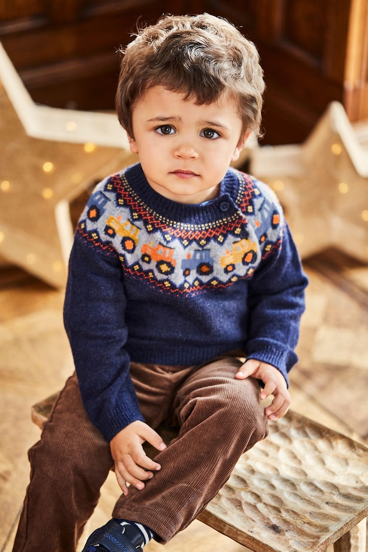 JoJo Maman Bébé Navy Blue Tractor Fair Isle Jumper - Image 1 of 3