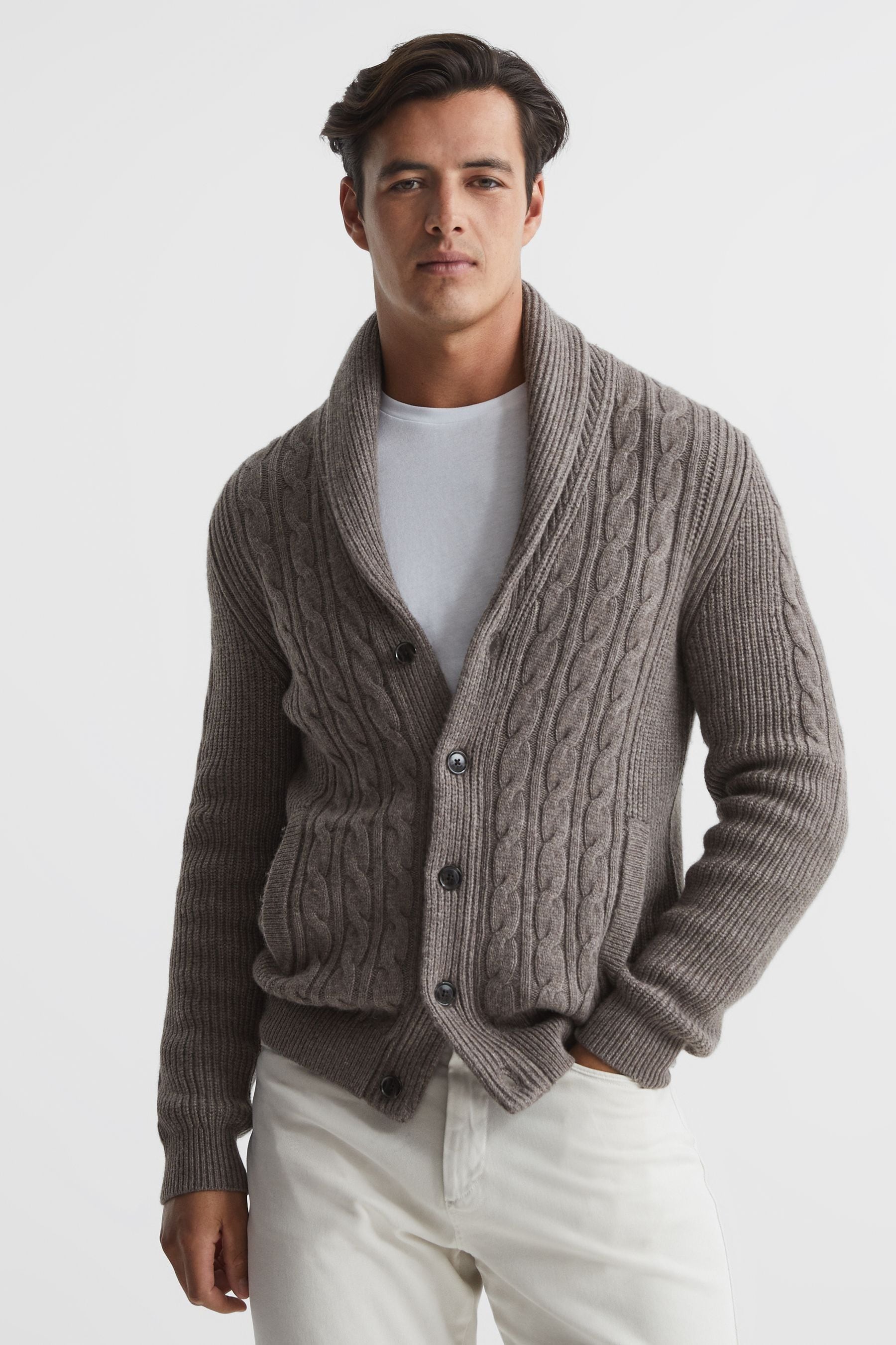 Shawl collar cable knit cardigan hotsell