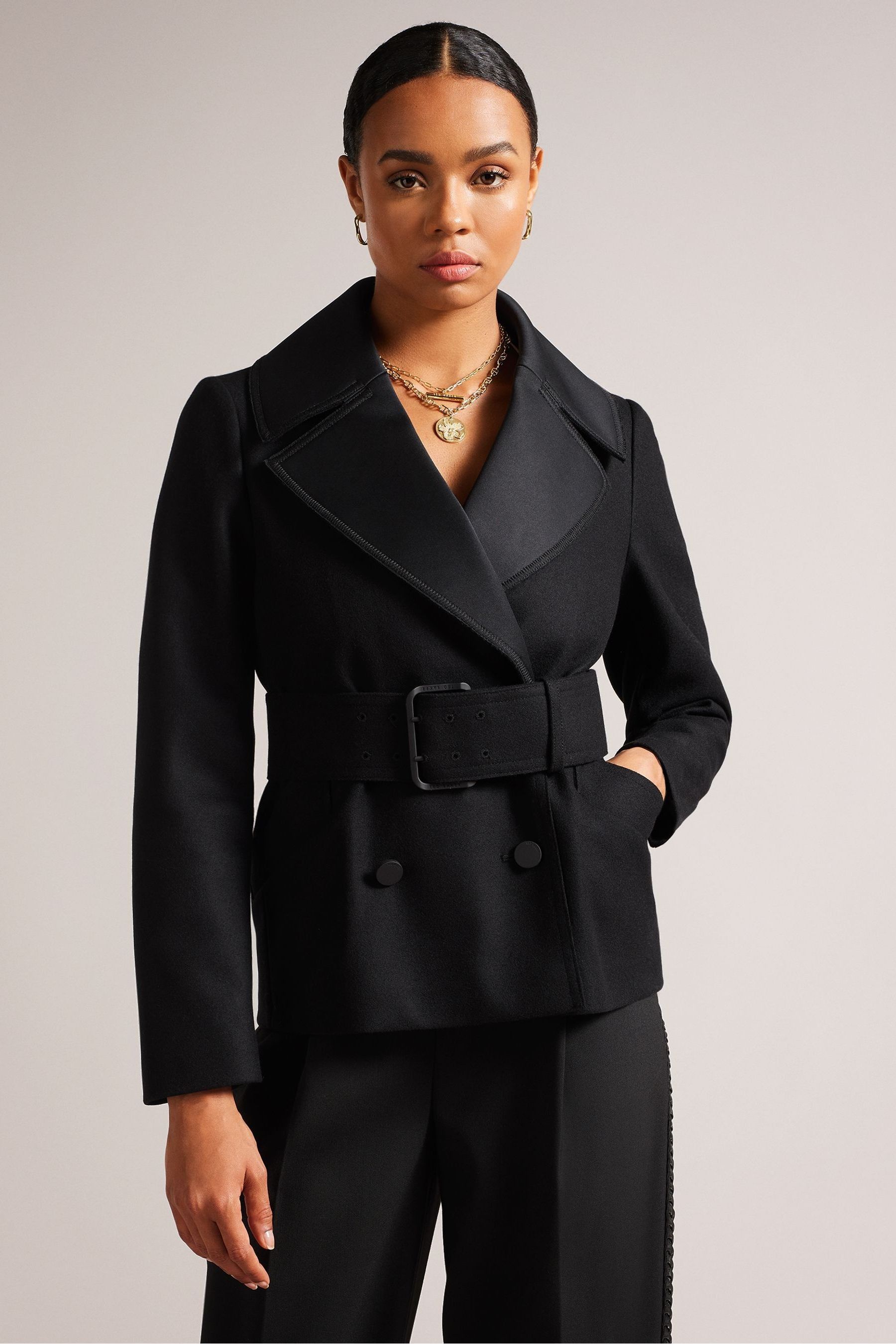 Buy Ted Baker Oversized Hadleya Collar Belted Pea Black Coat from Next Luxembourg
