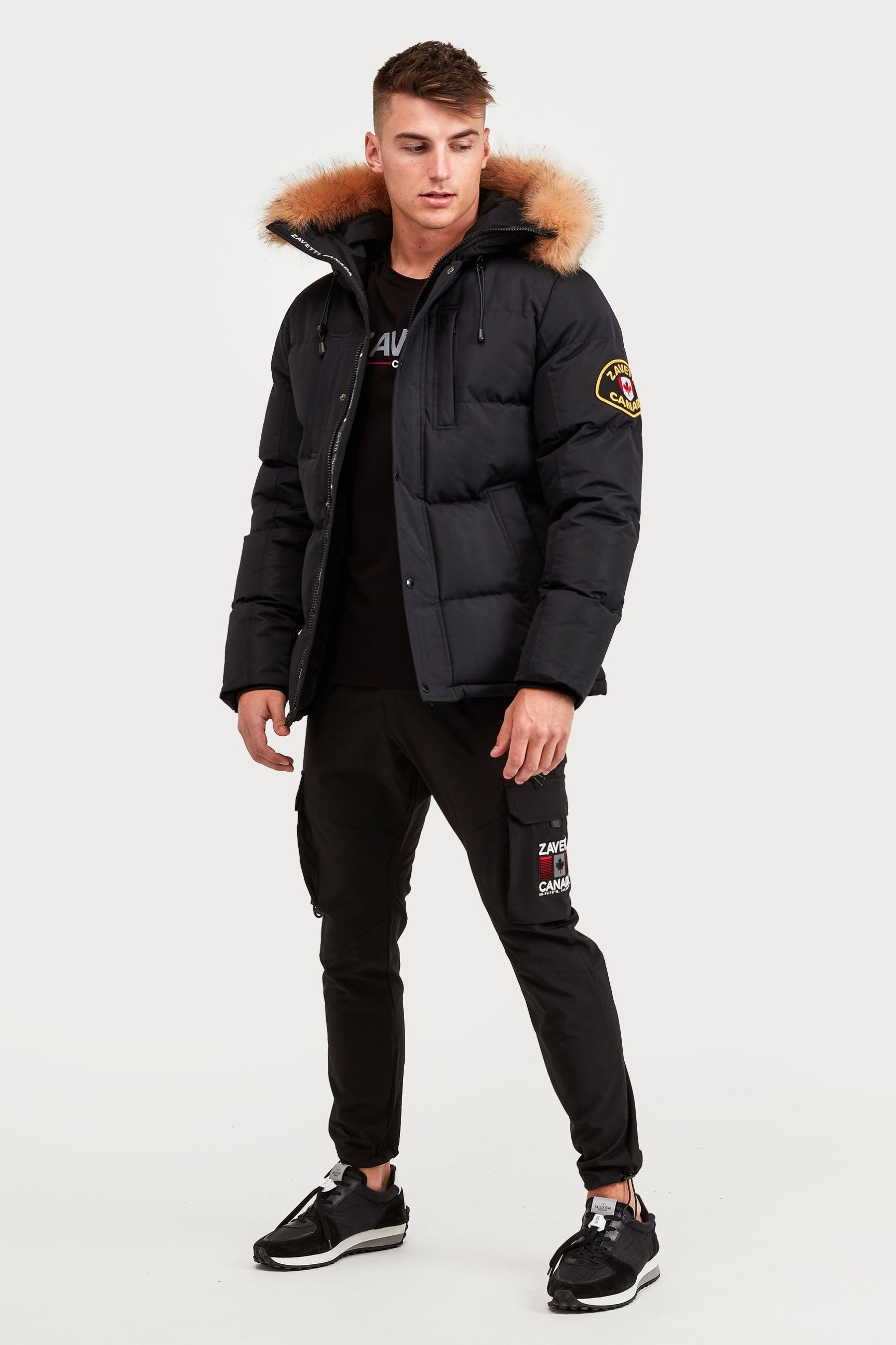 Mens black parka jacket with fur hood best sale