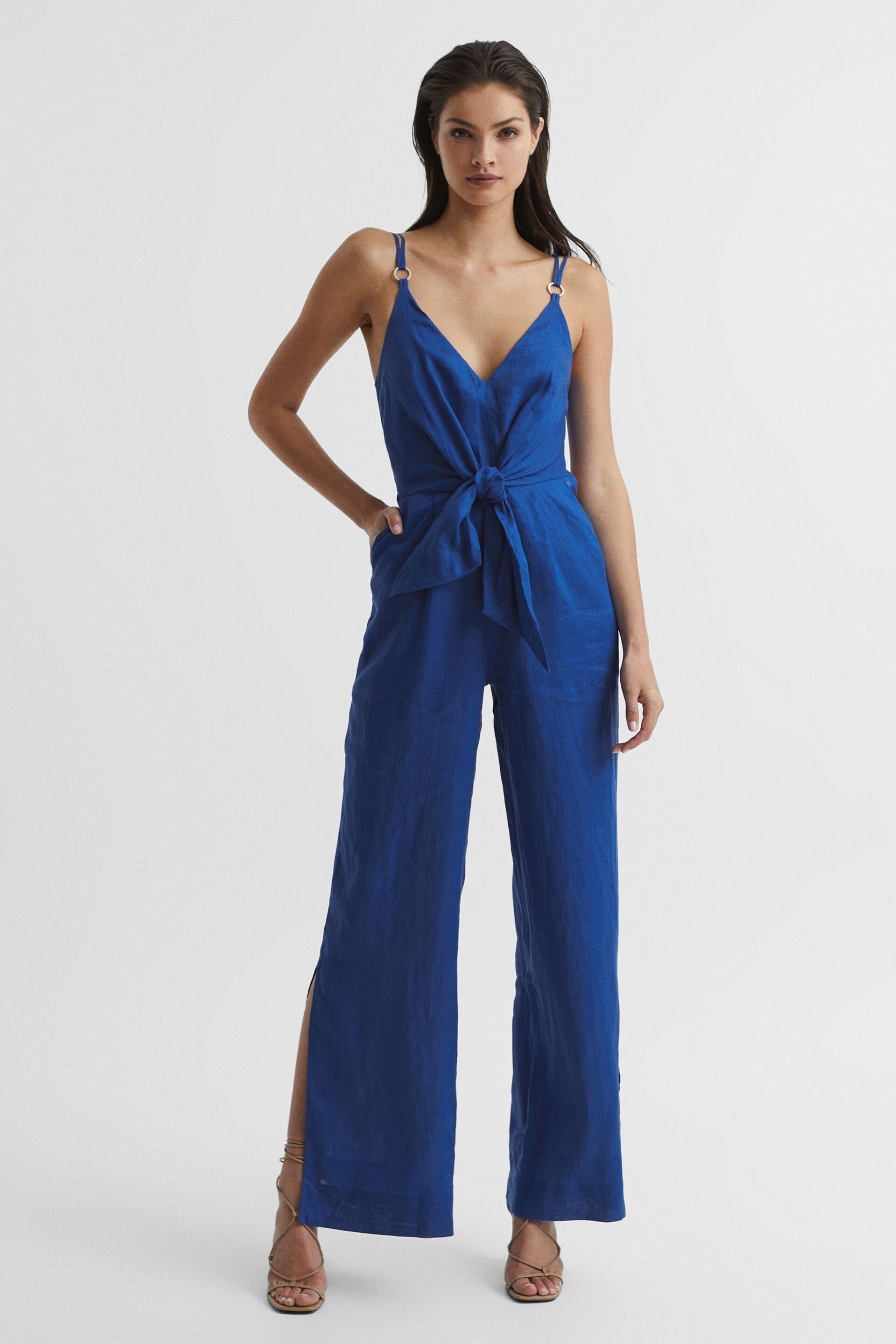 Reiss Bright Blue Ana Linen Jumpsuit - Image 1 of 7